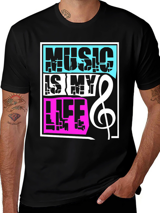 Music is My Life Graphic Tee - Black Cotton Blend T-Shirt