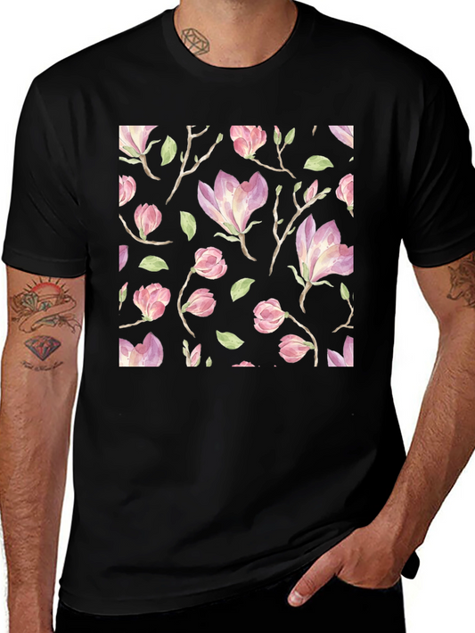 Floral Print T-Shirt - Black Cotton Blend
