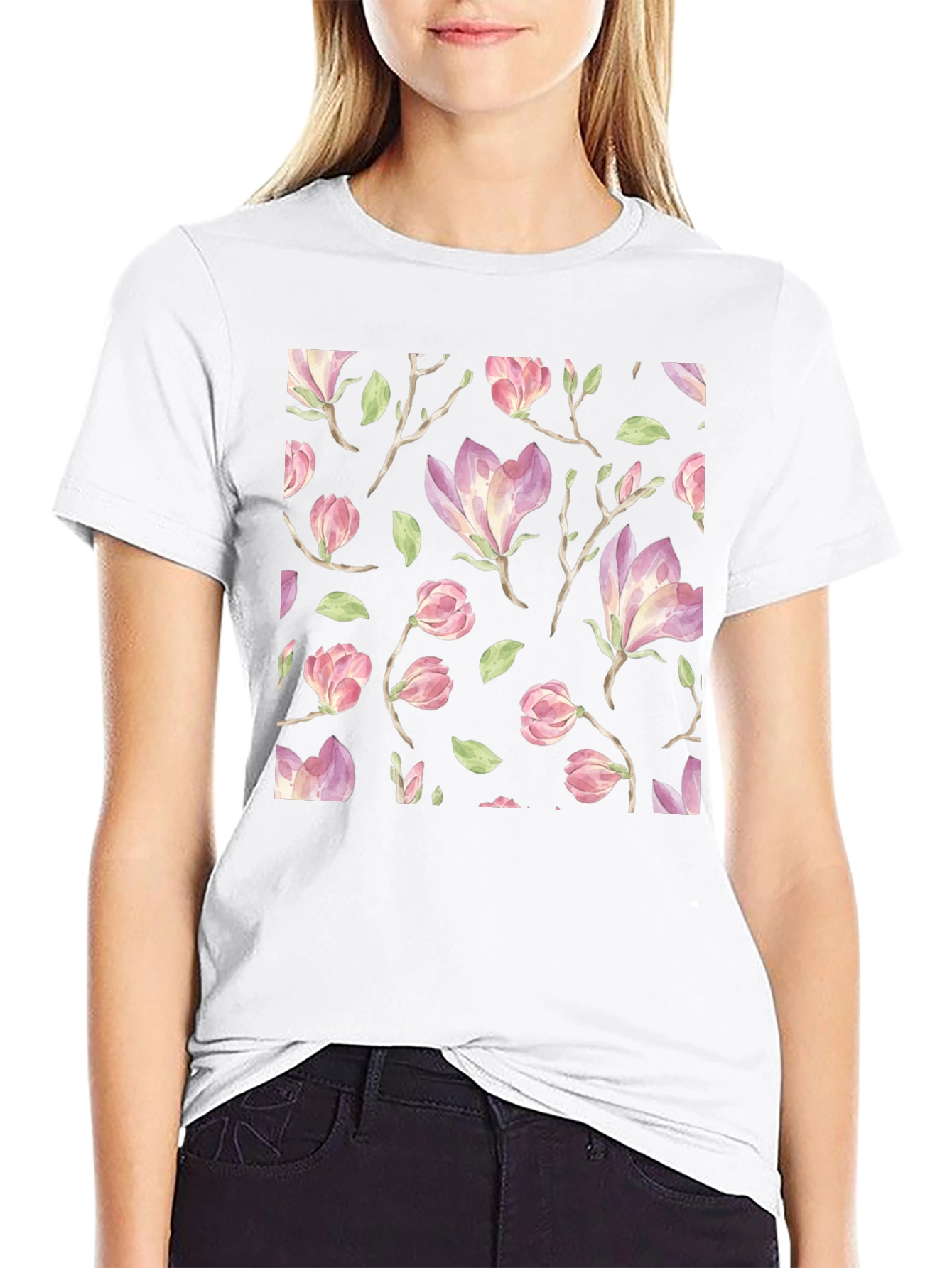 Floral Print T-Shirt - Black Cotton Blend