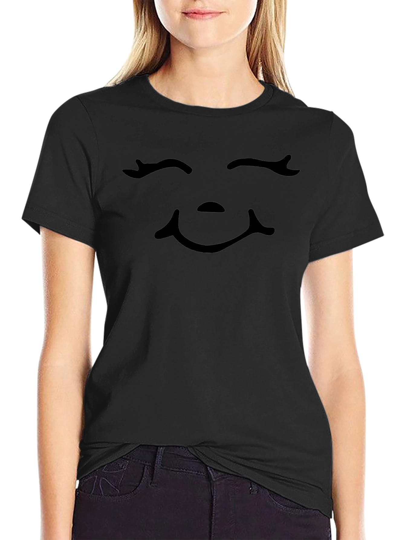 Smiling Face Graphic Tee - Black Cotton Blend