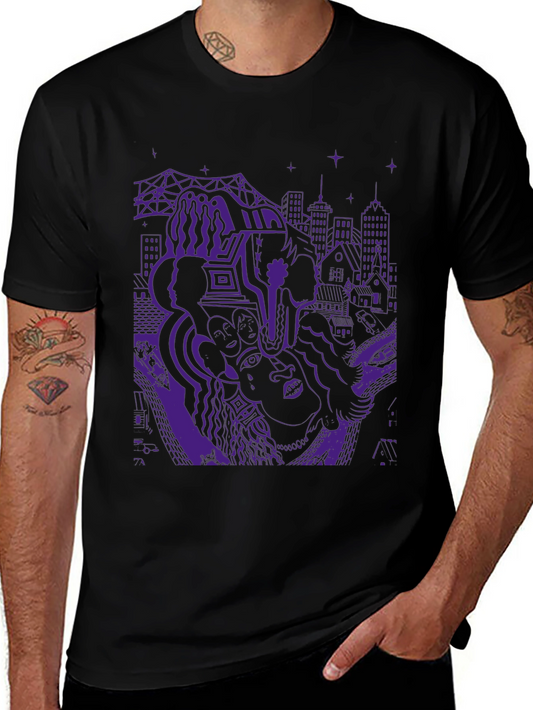 Unique Purple Graphic Print Black T-Shirt