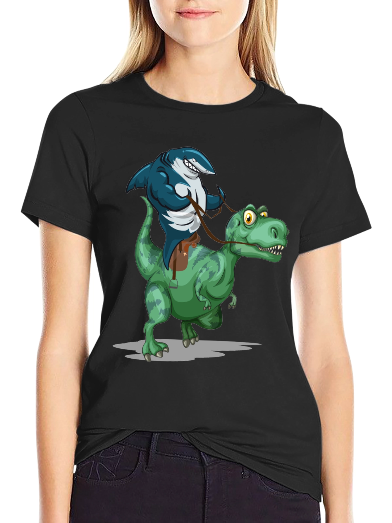 Shark Riding Dinosaur Graphic Tee - Funny Animal T-Shirt