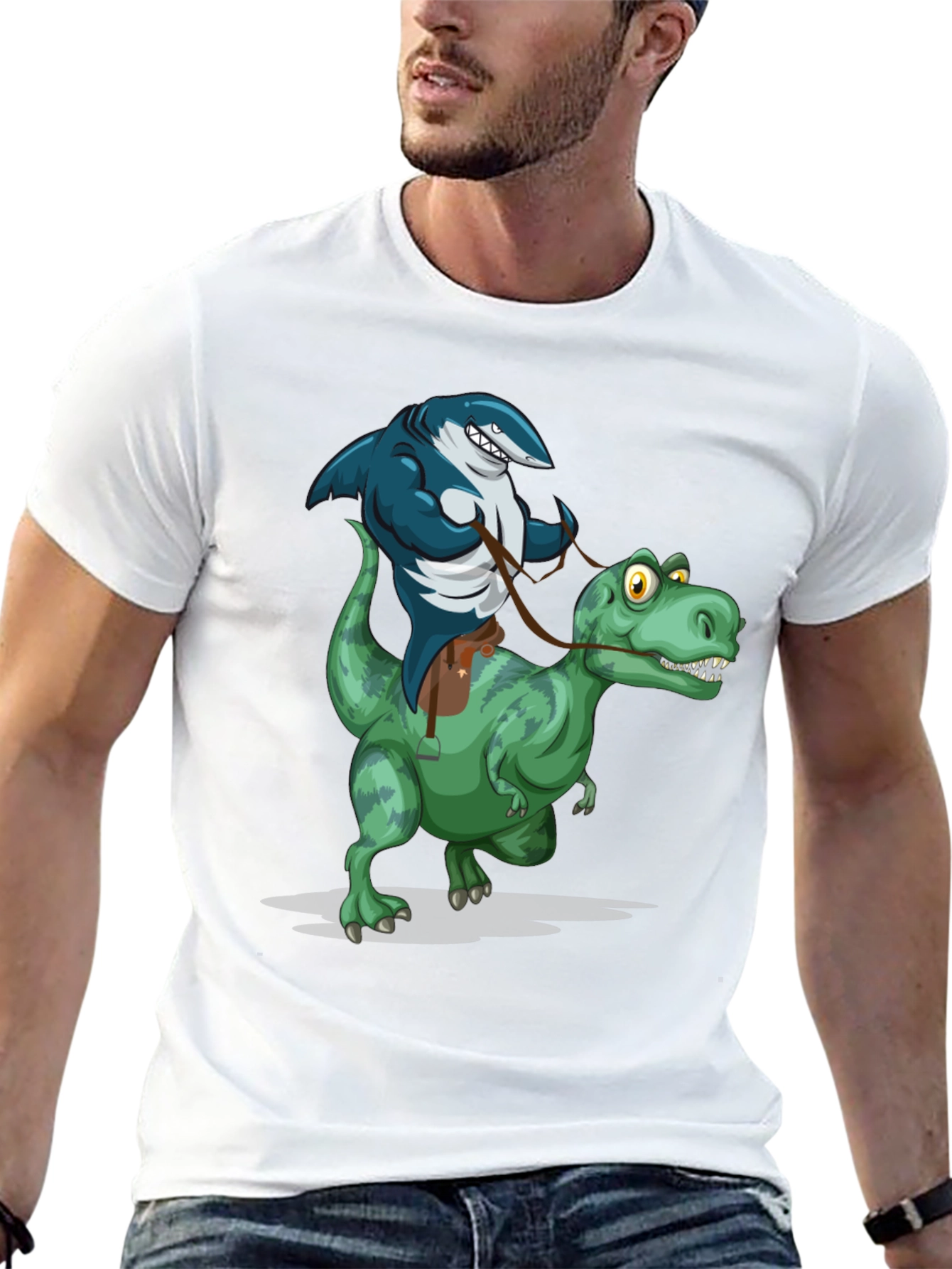Shark Riding Dinosaur Graphic Tee - Funny Animal T-Shirt