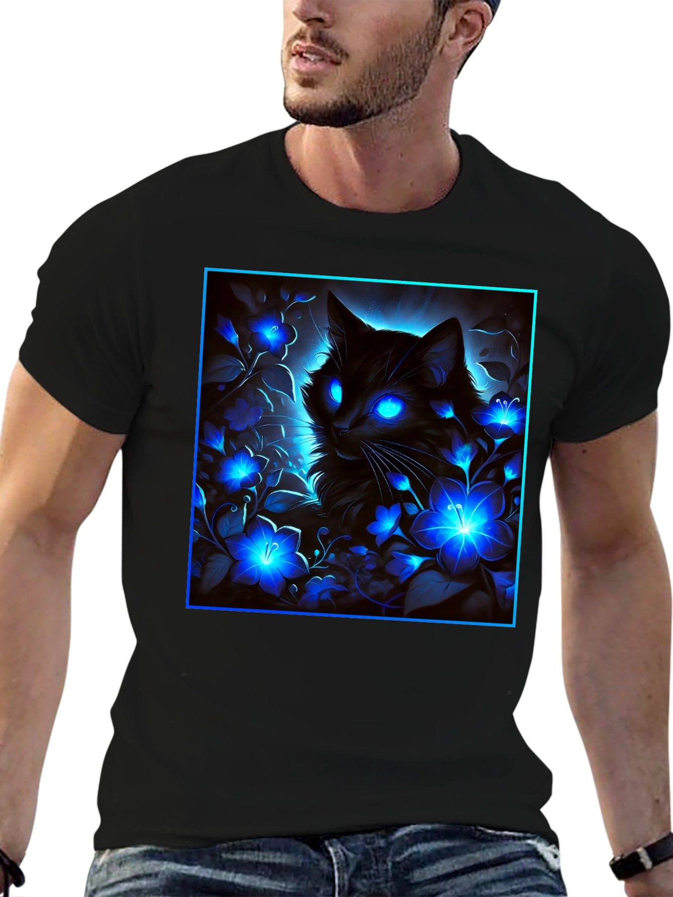 Mystic Cat Glow Graphic Tee - Black