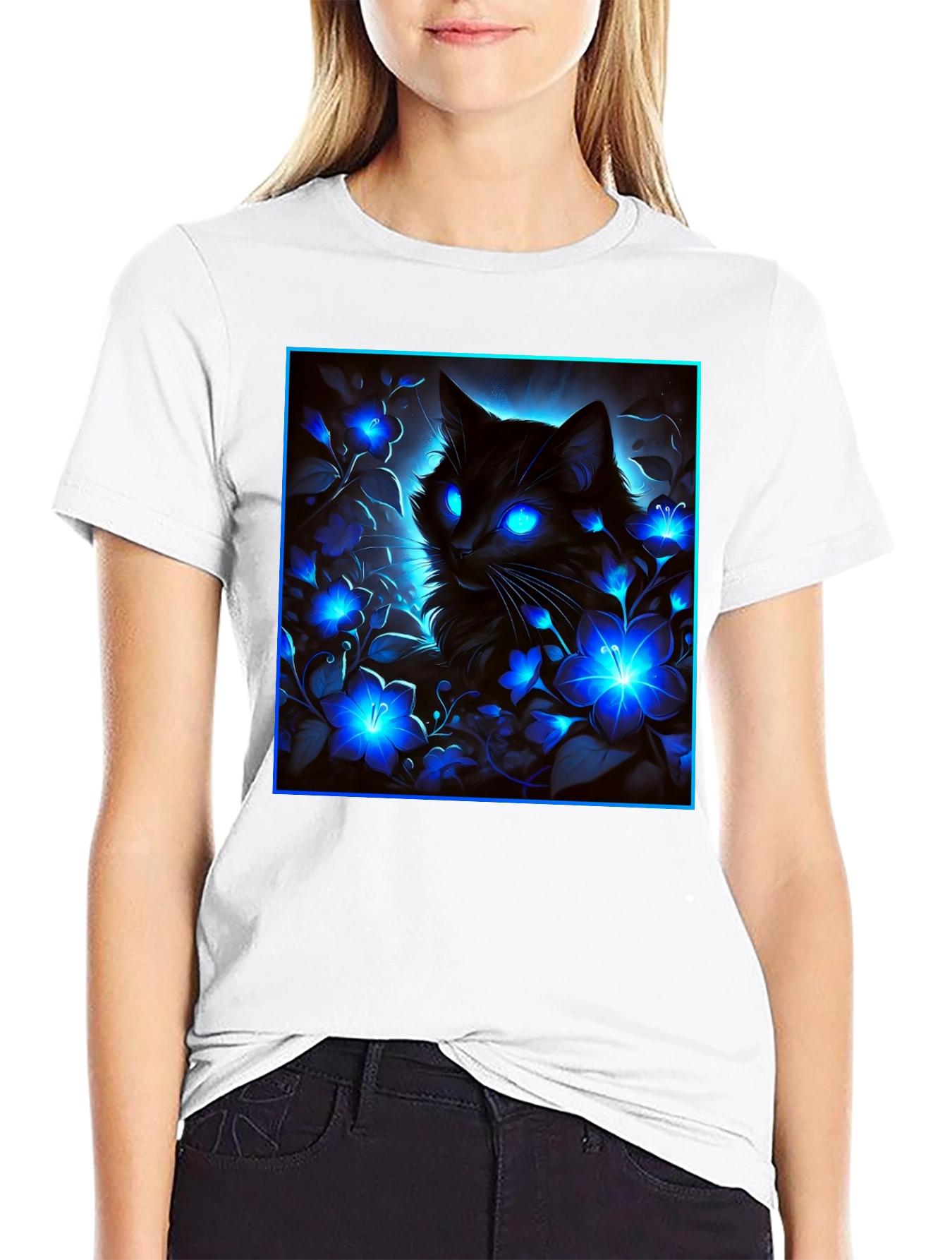 Mystic Cat Glow Graphic Tee - Black