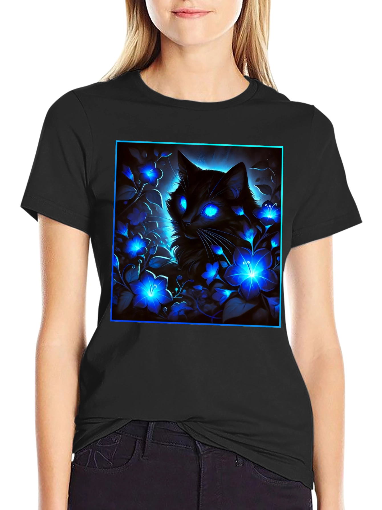 Mystic Cat Glow Graphic Tee - Black