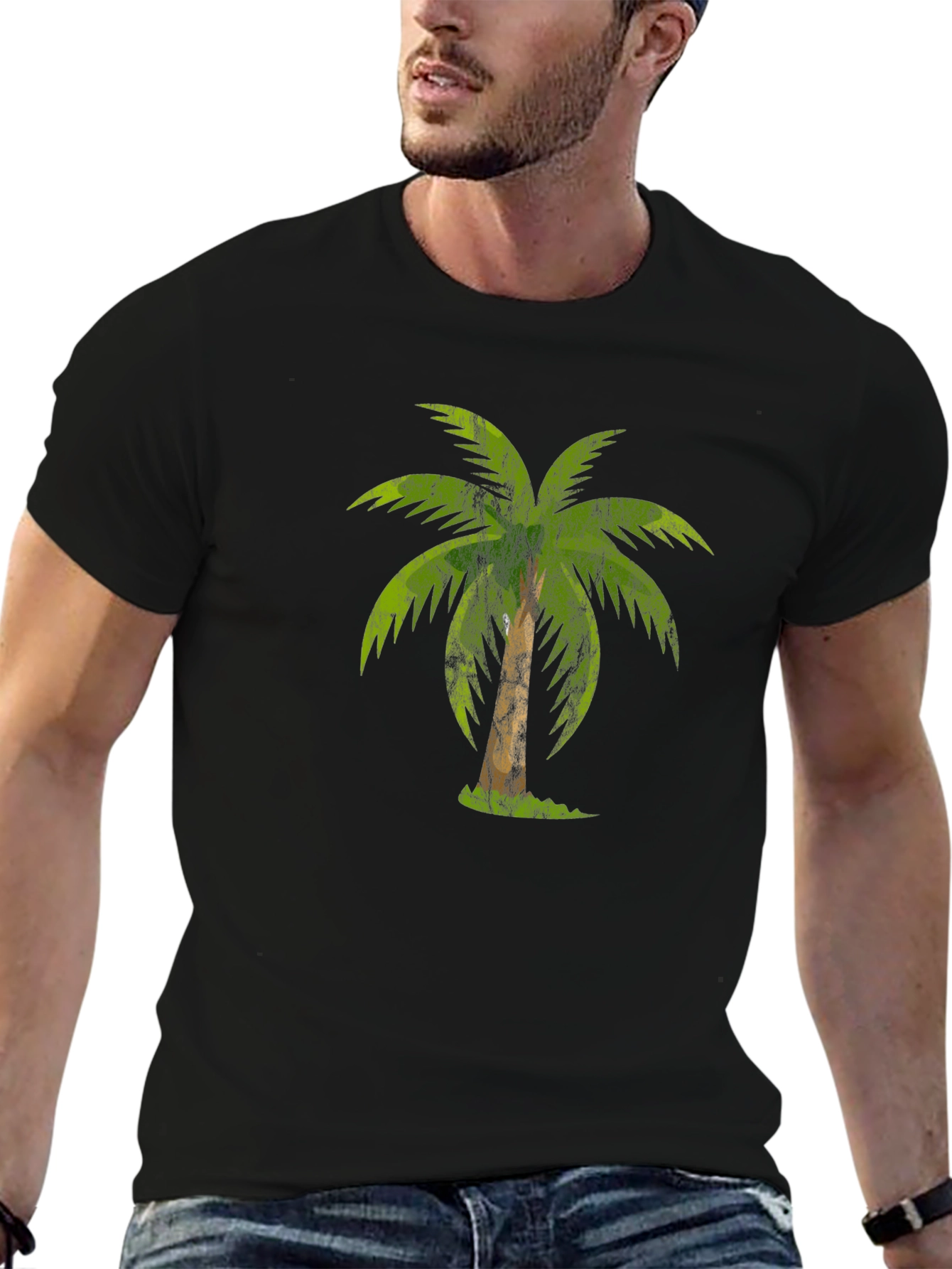 Tropical Palm Tree Graphic Tee - Casual Black T-Shirt