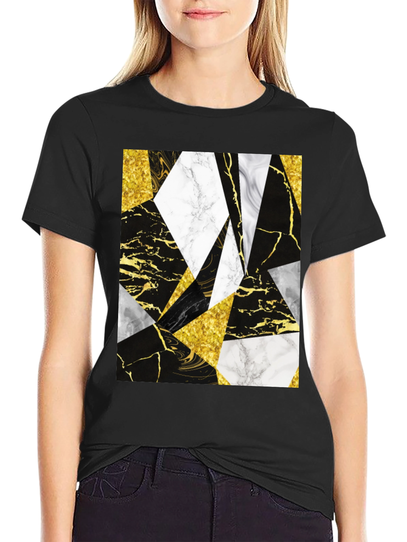 Geometric Marble & Gold Print Black T-Shirt