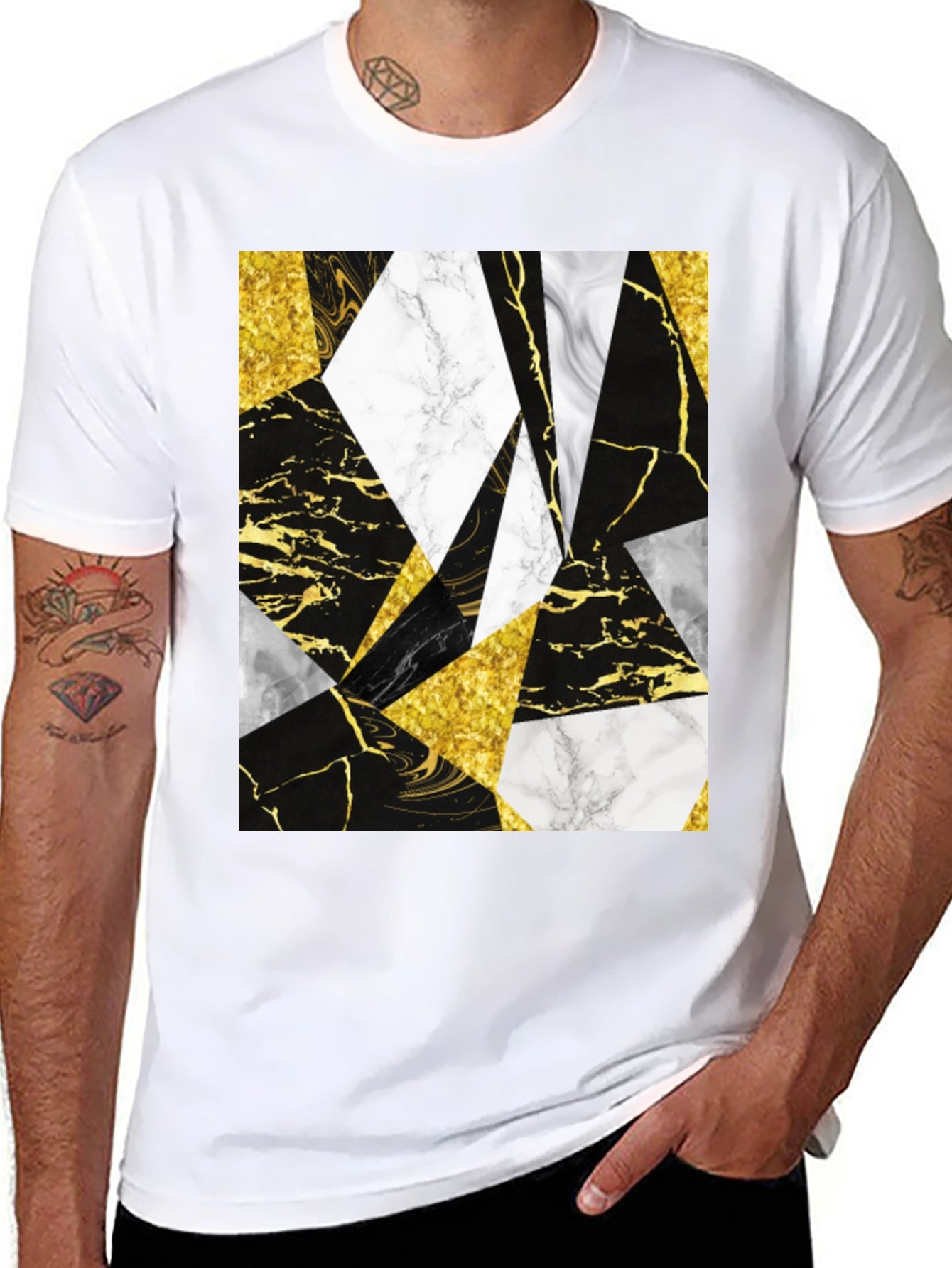 Geometric Marble & Gold Print Black T-Shirt