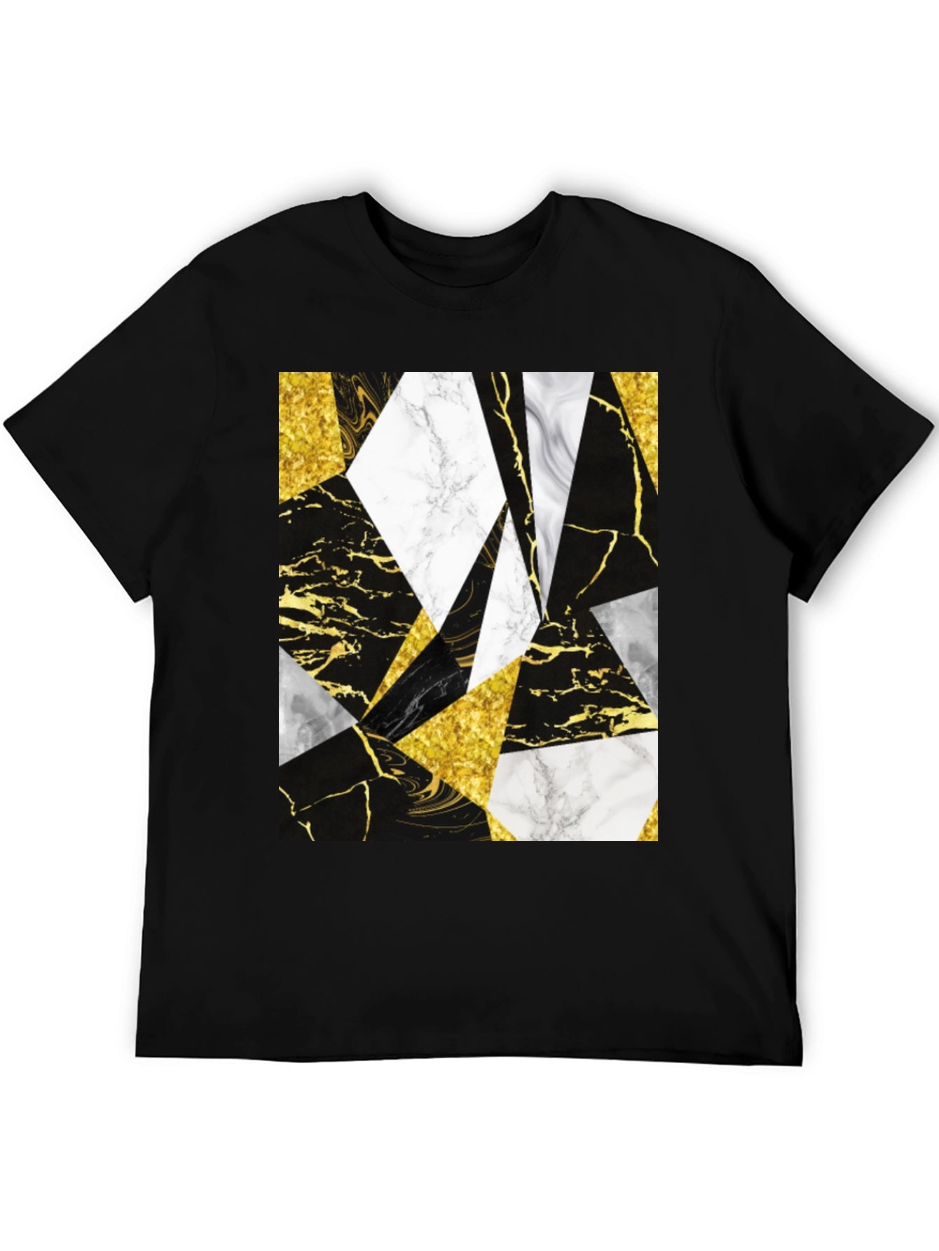 Geometric Marble & Gold Print Black T-Shirt