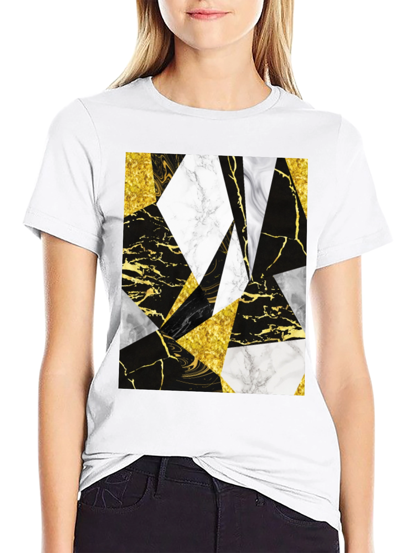 Geometric Marble & Gold Print Black T-Shirt