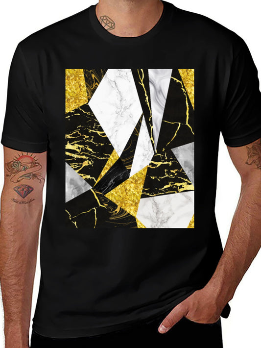 Geometric Marble & Gold Print Black T-Shirt