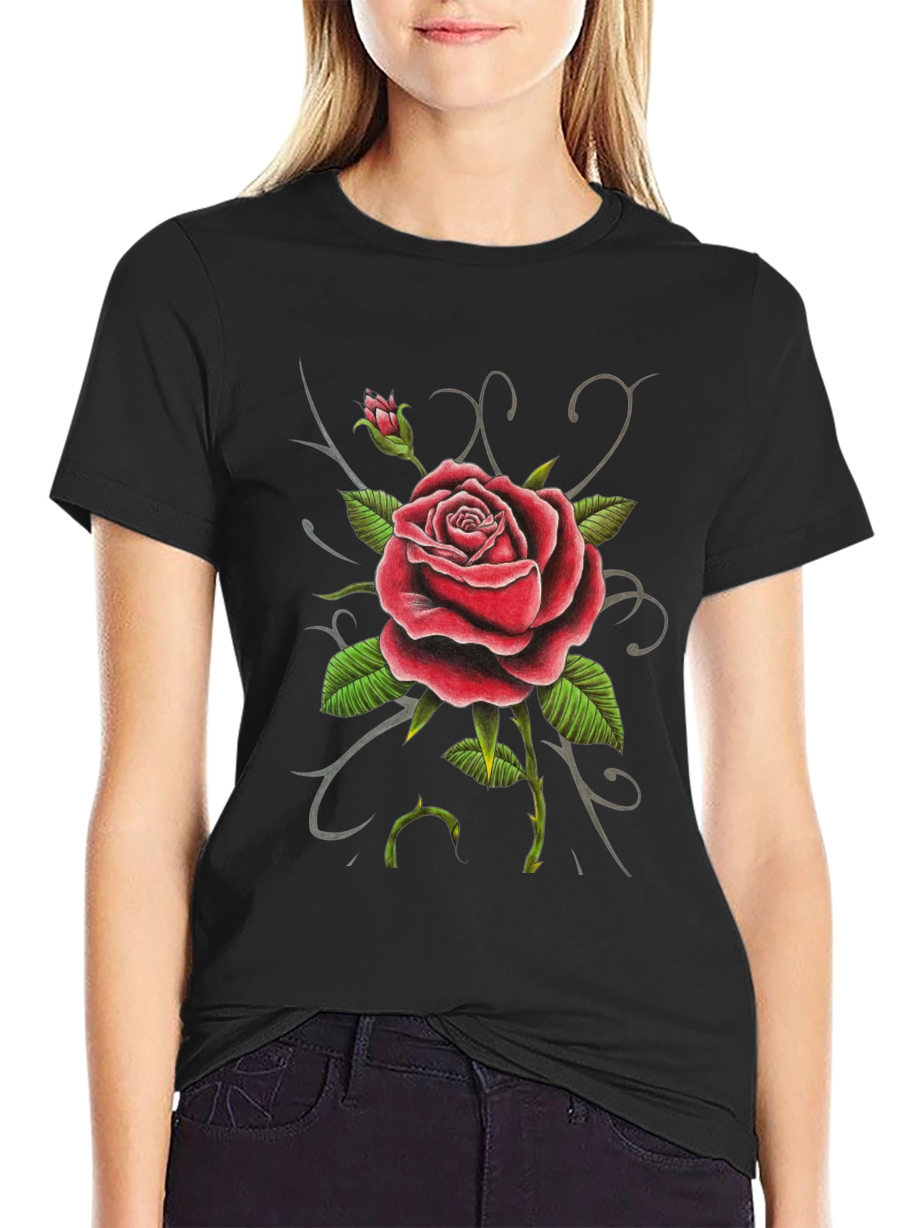 Red Rose Graphic Tee - Black Cotton Comfort
