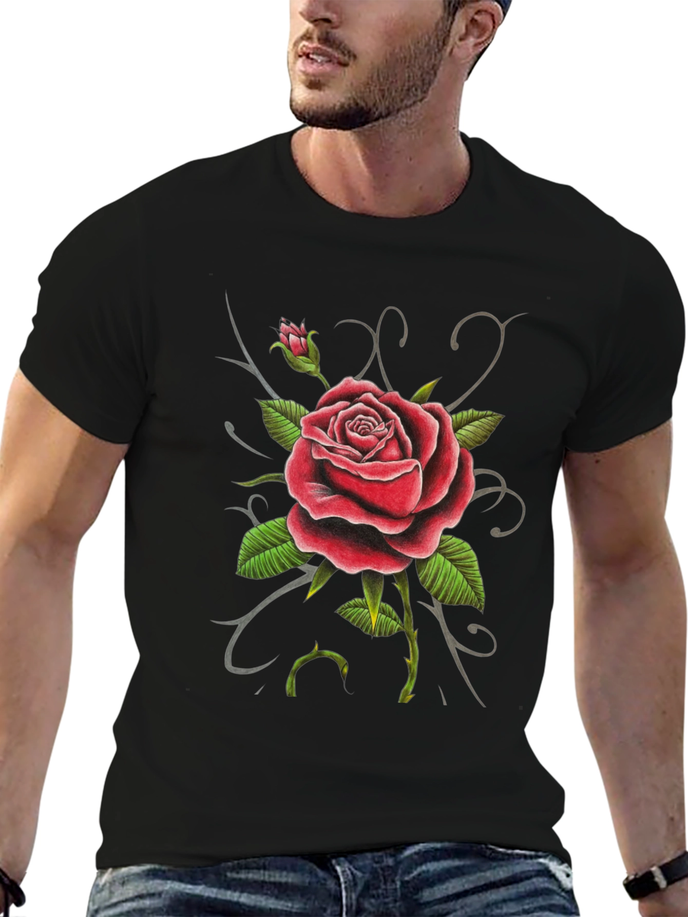 Red Rose Graphic Tee - Black Cotton Comfort