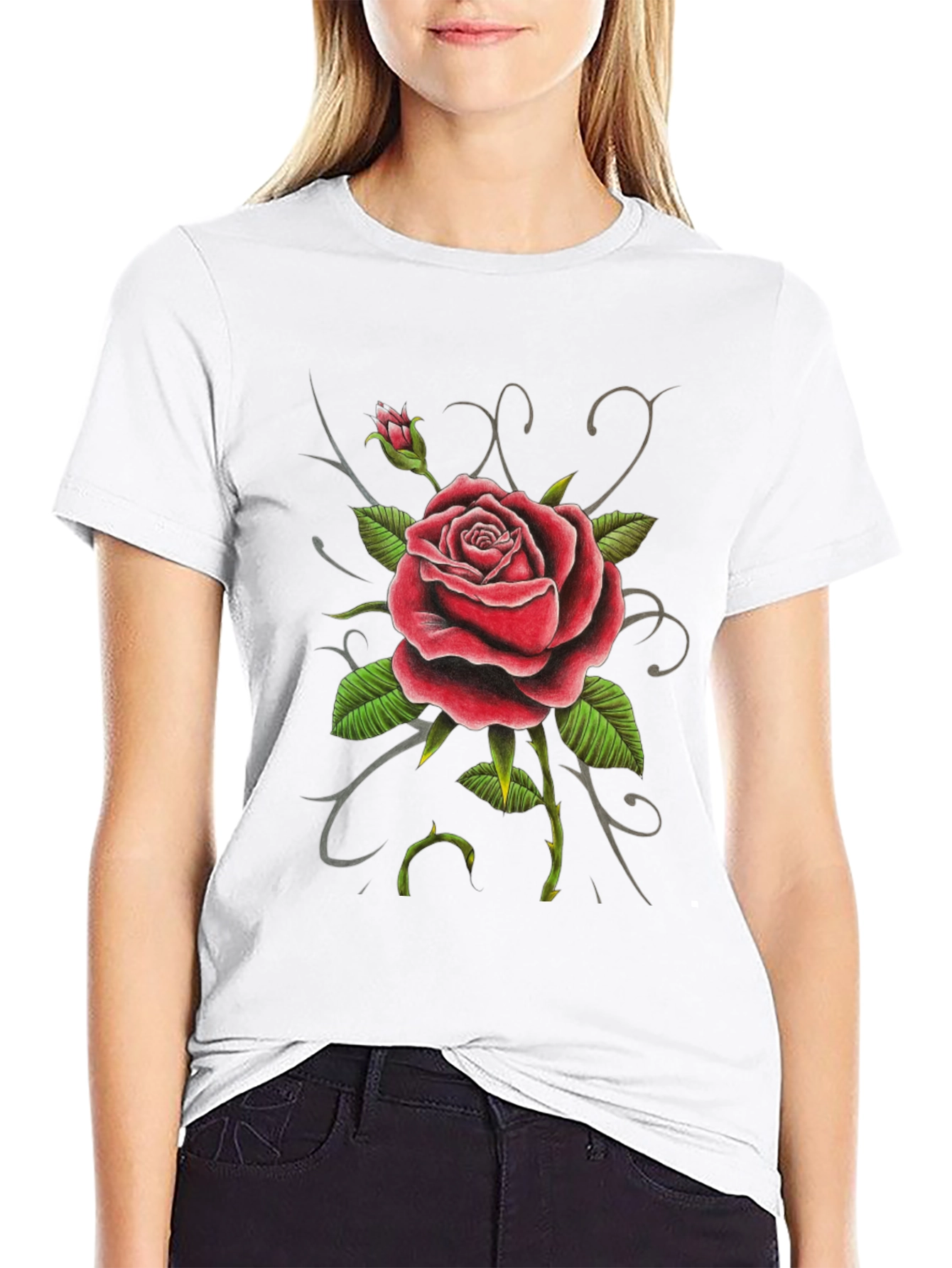 Red Rose Graphic Tee - Black Cotton Comfort