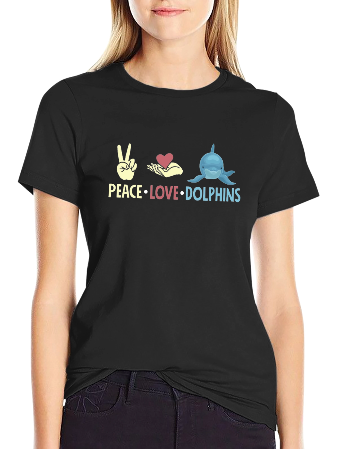 Peace Love Dolphins Black Graphic T-Shirt