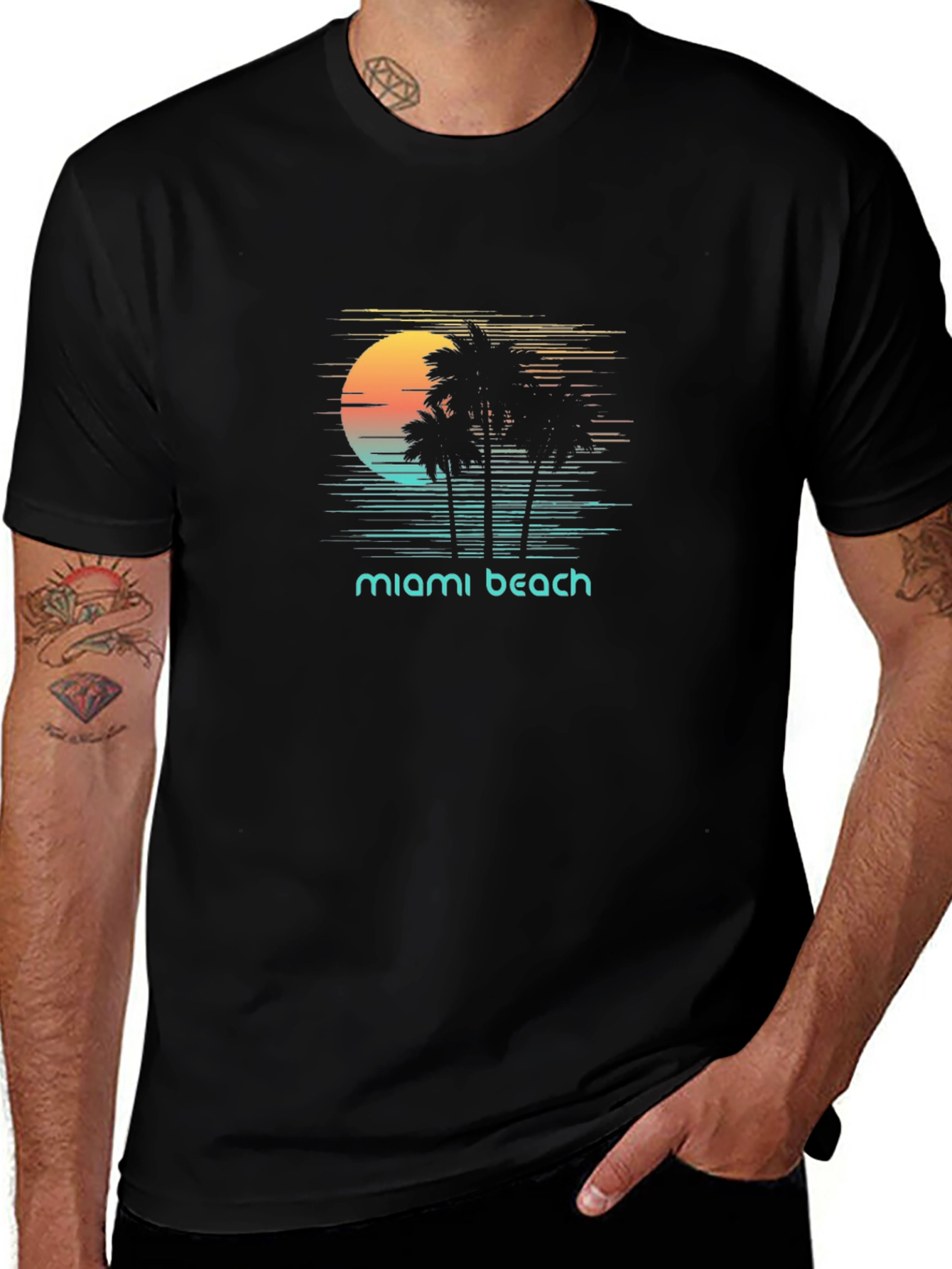 Miami Beach Sunset T-Shirt - Retro Palm Tree Design