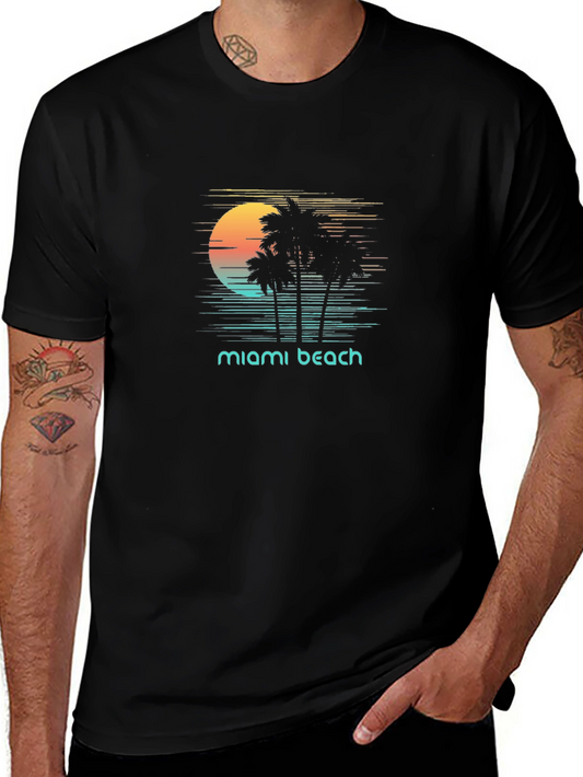 Miami Beach Sunset T-Shirt - Retro Palm Tree Design