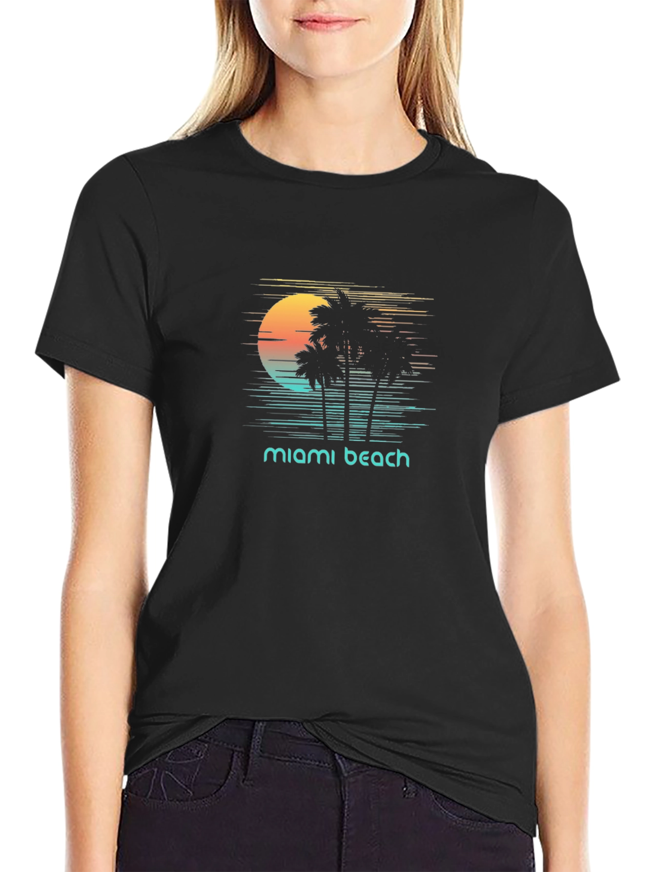 Miami Beach Sunset T-Shirt - Retro Palm Tree Design
