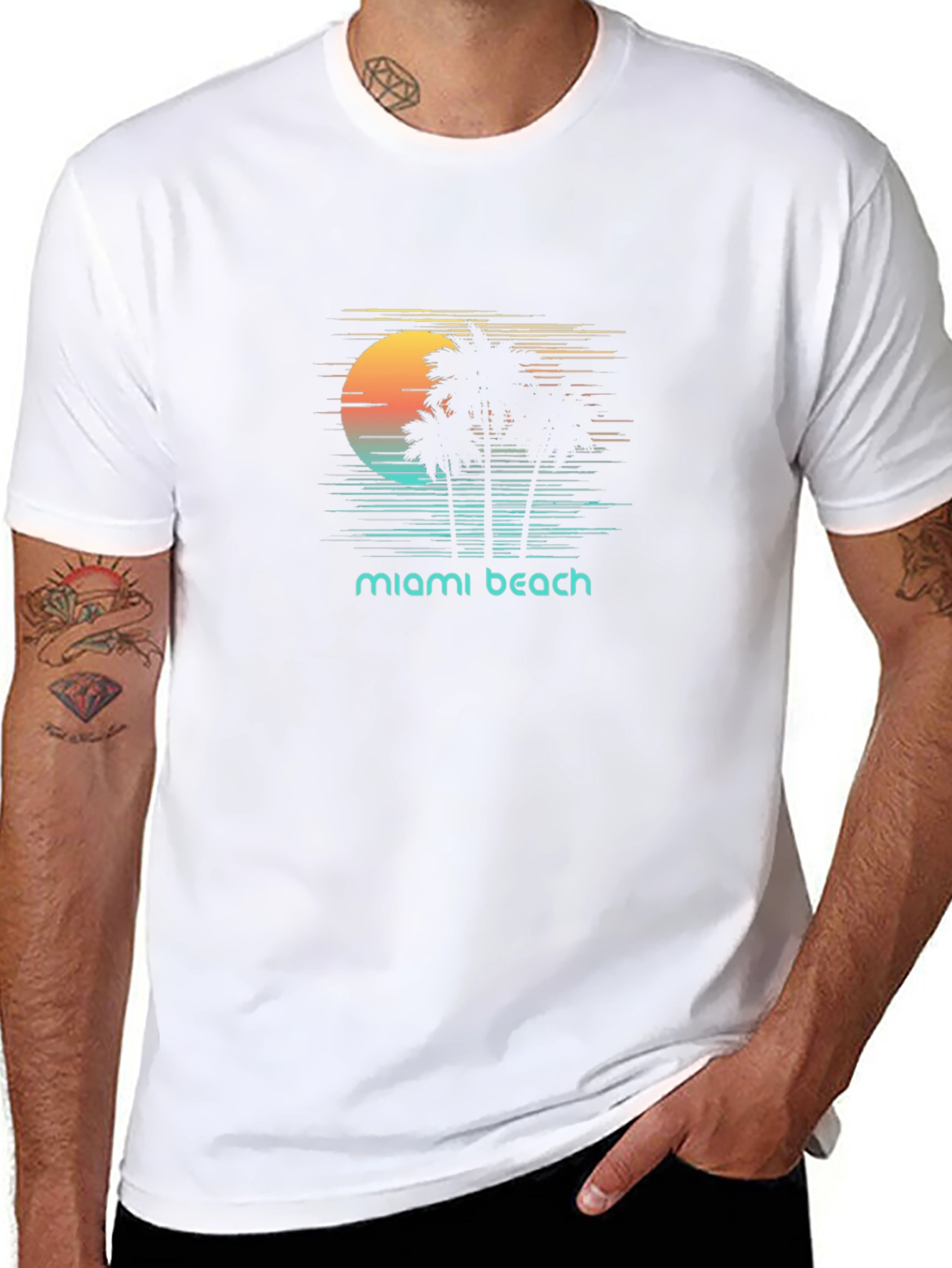 Miami Beach Sunset T-Shirt - Retro Palm Tree Design