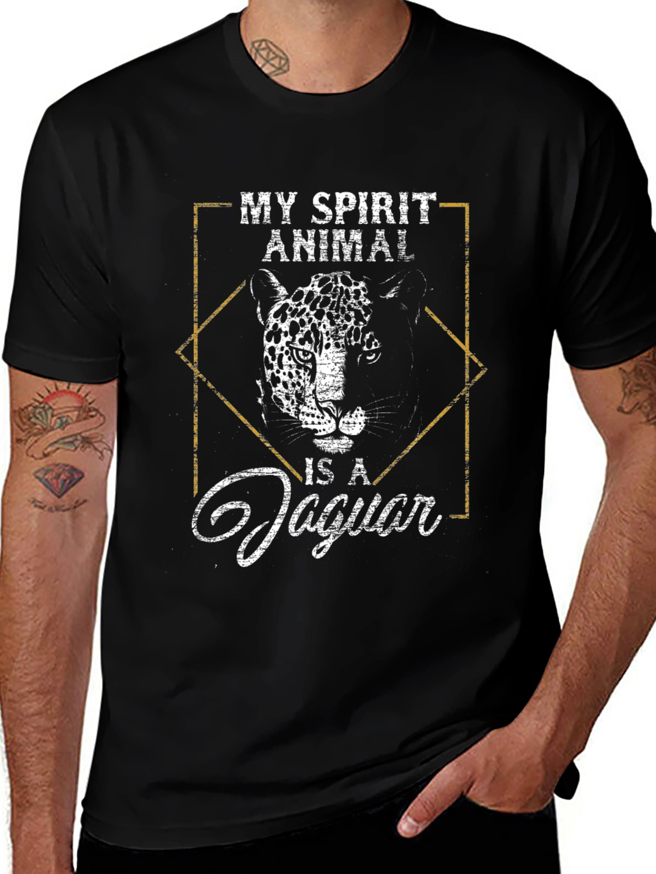 Jaguar Spirit Animal Graphic Tee - Black Cotton T-Shirt