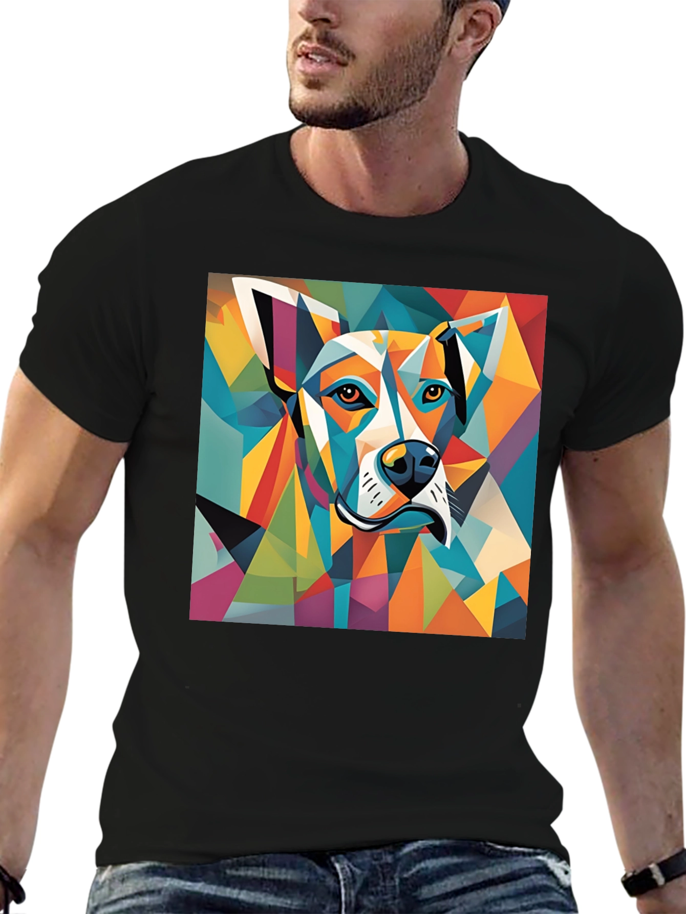 Geometric Dog Graphic Tee - Modern Art Style Shirt