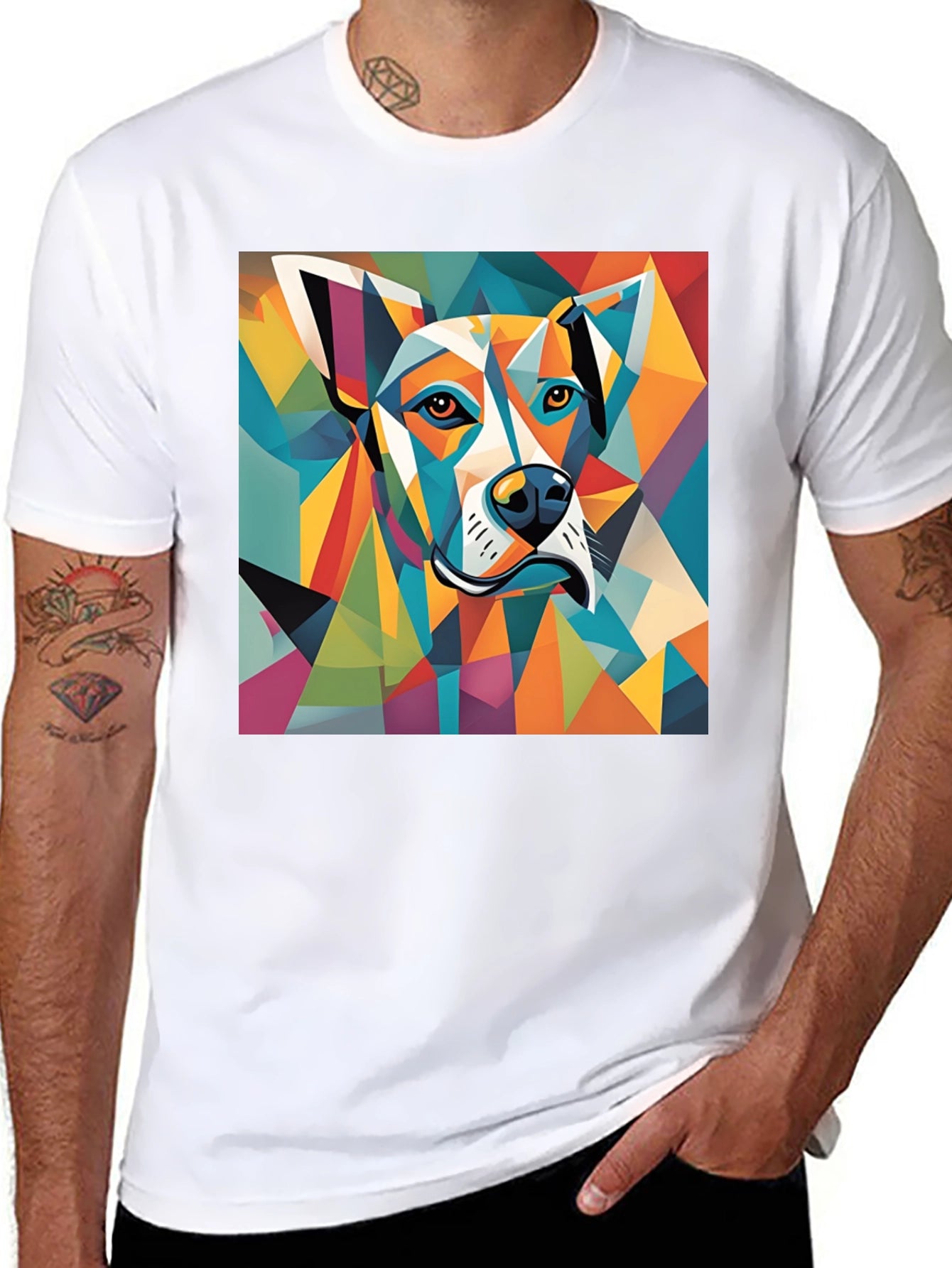 Geometric Dog Graphic Tee - Modern Art Style Shirt