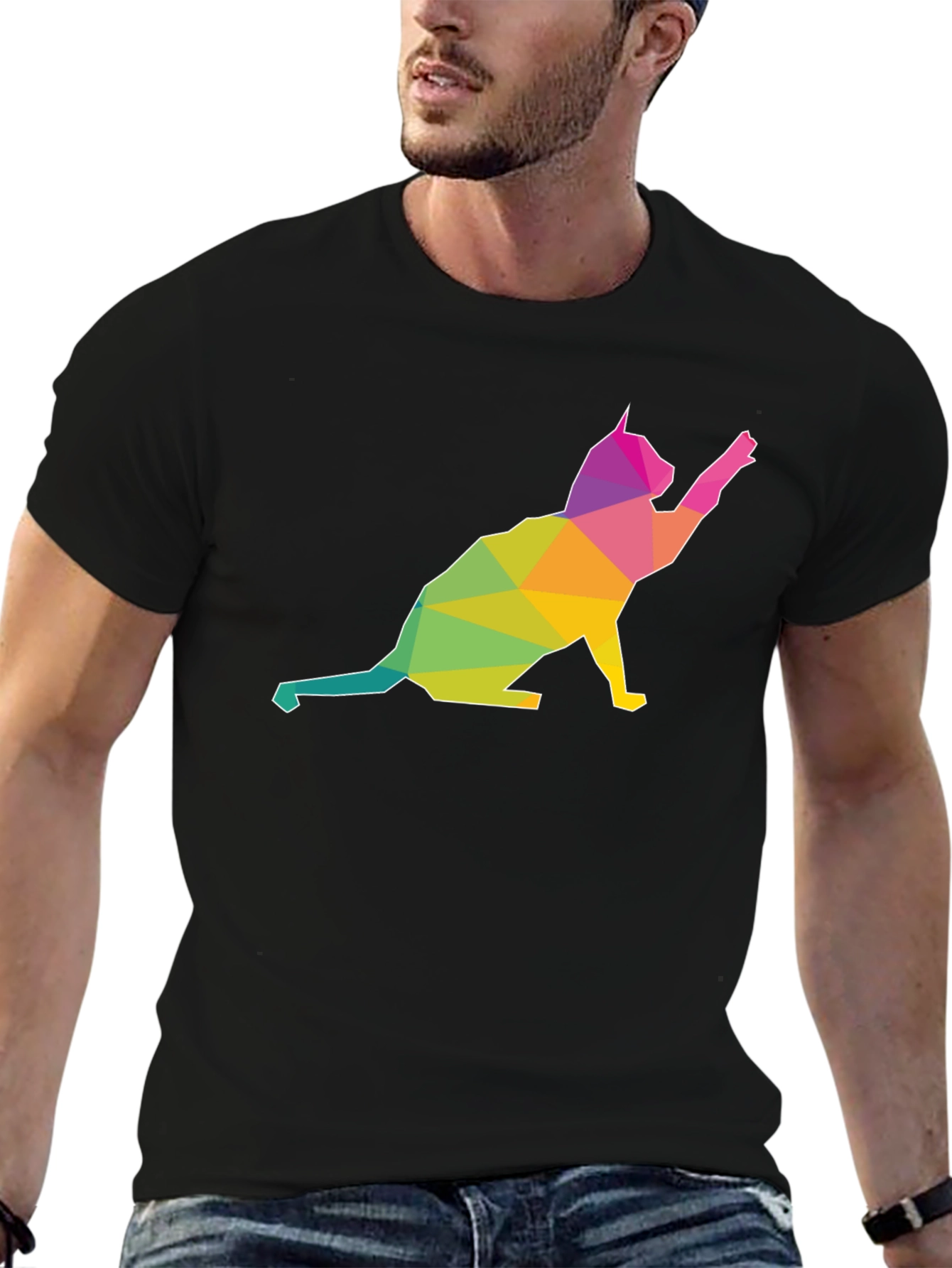 Geometric Cat Graphic T-Shirt - Modern Art Tee