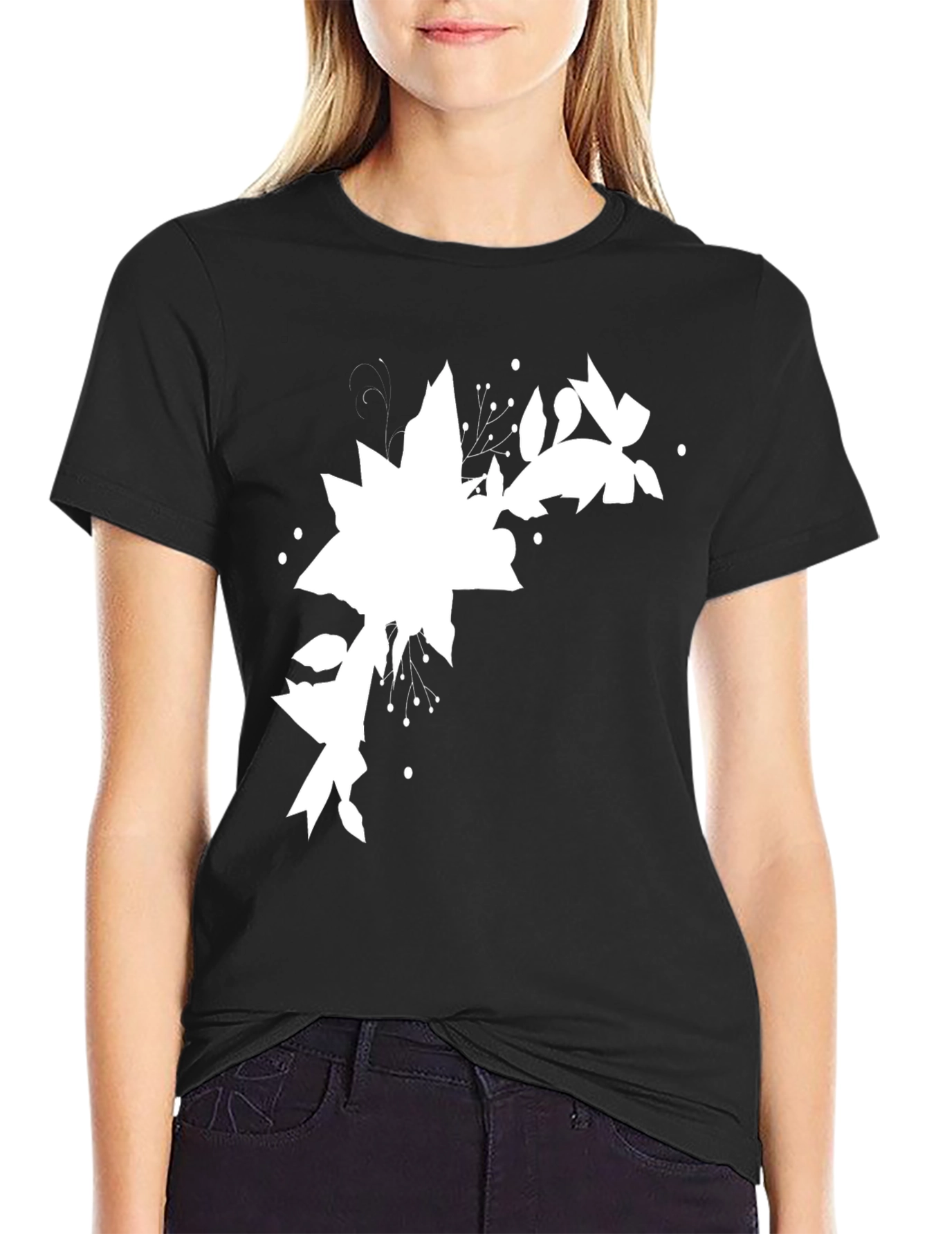 Black Tee with Abstract Floral Design