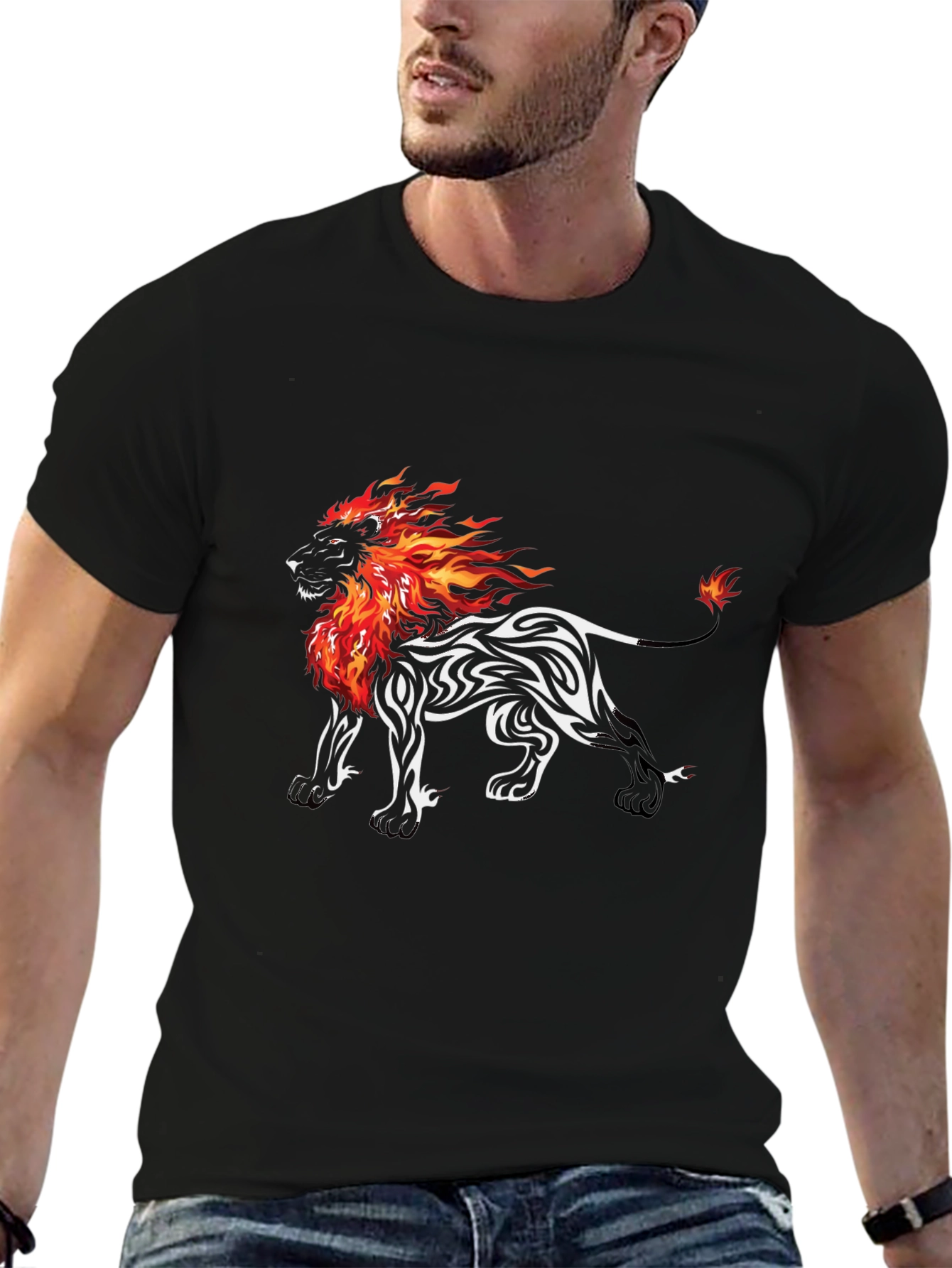 Fiery Lion Graphic Tee - Black Cotton Blend T-Shirt