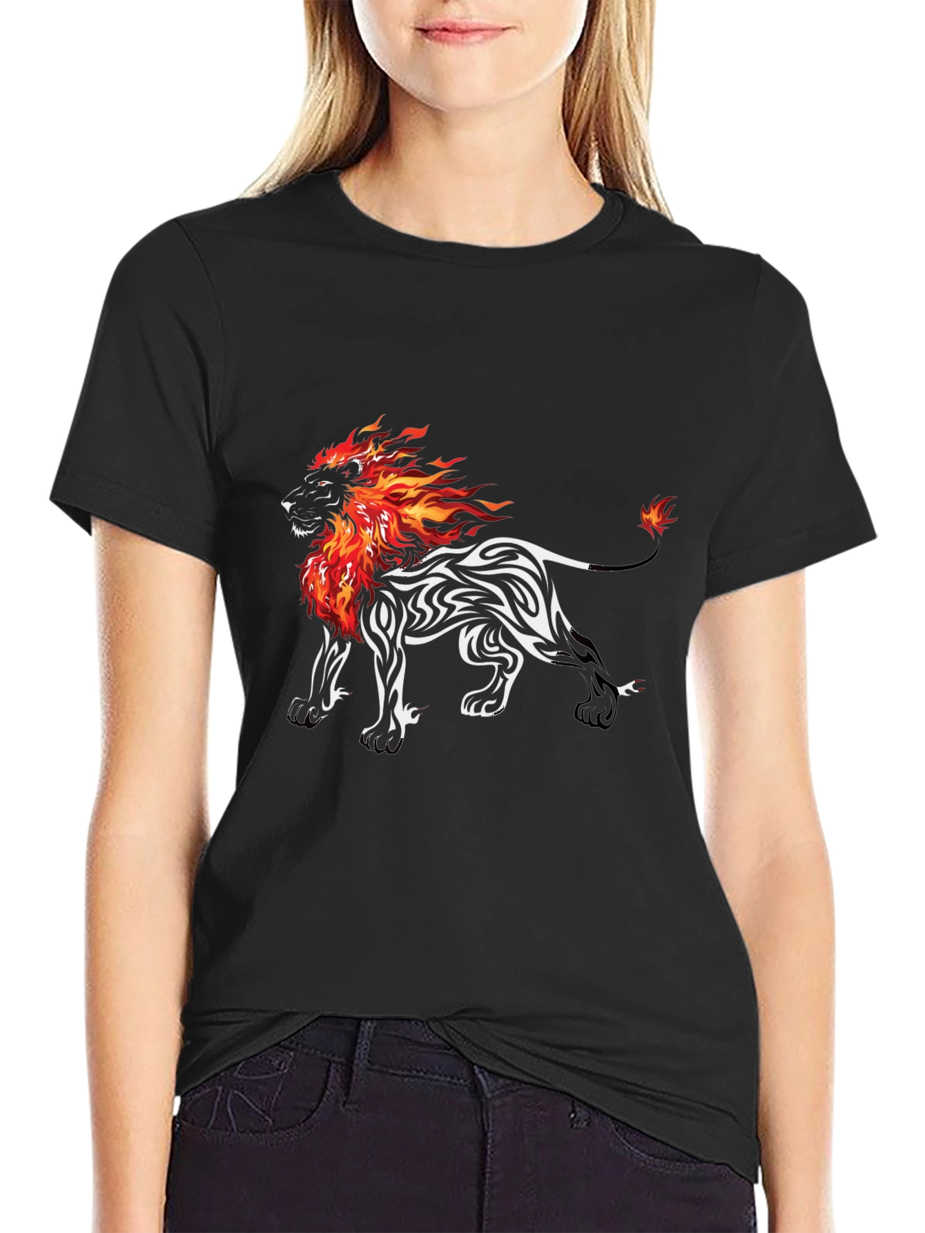Fiery Lion Graphic Tee - Black Cotton Blend T-Shirt