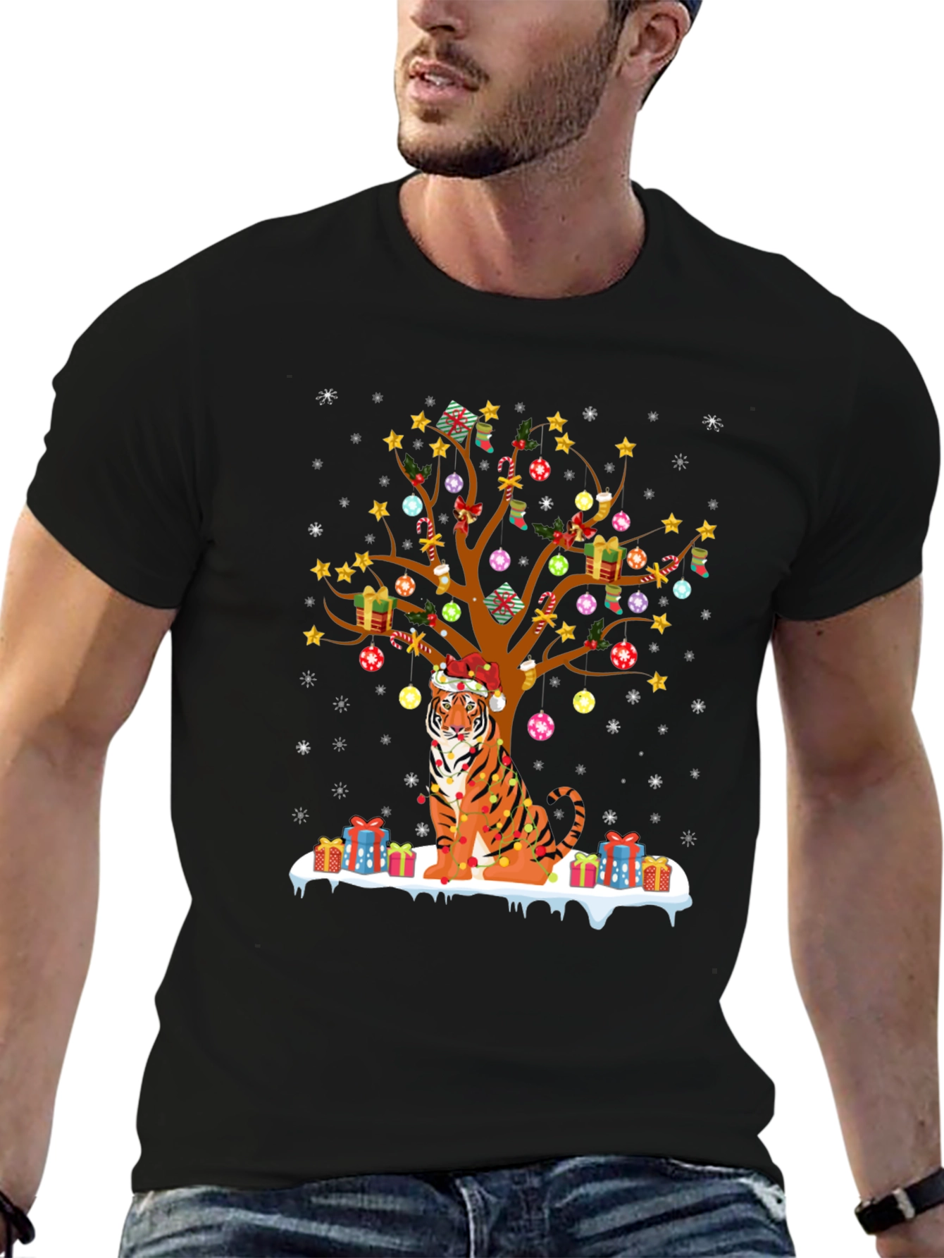 Festive Tiger Christmas Tree Graphic Tee