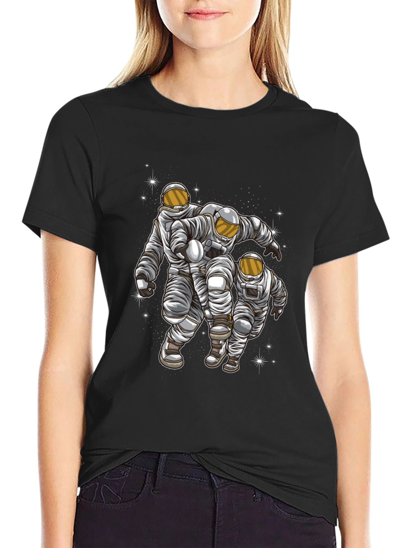 Astronaut Trio Graphic Print Black T-Shirt