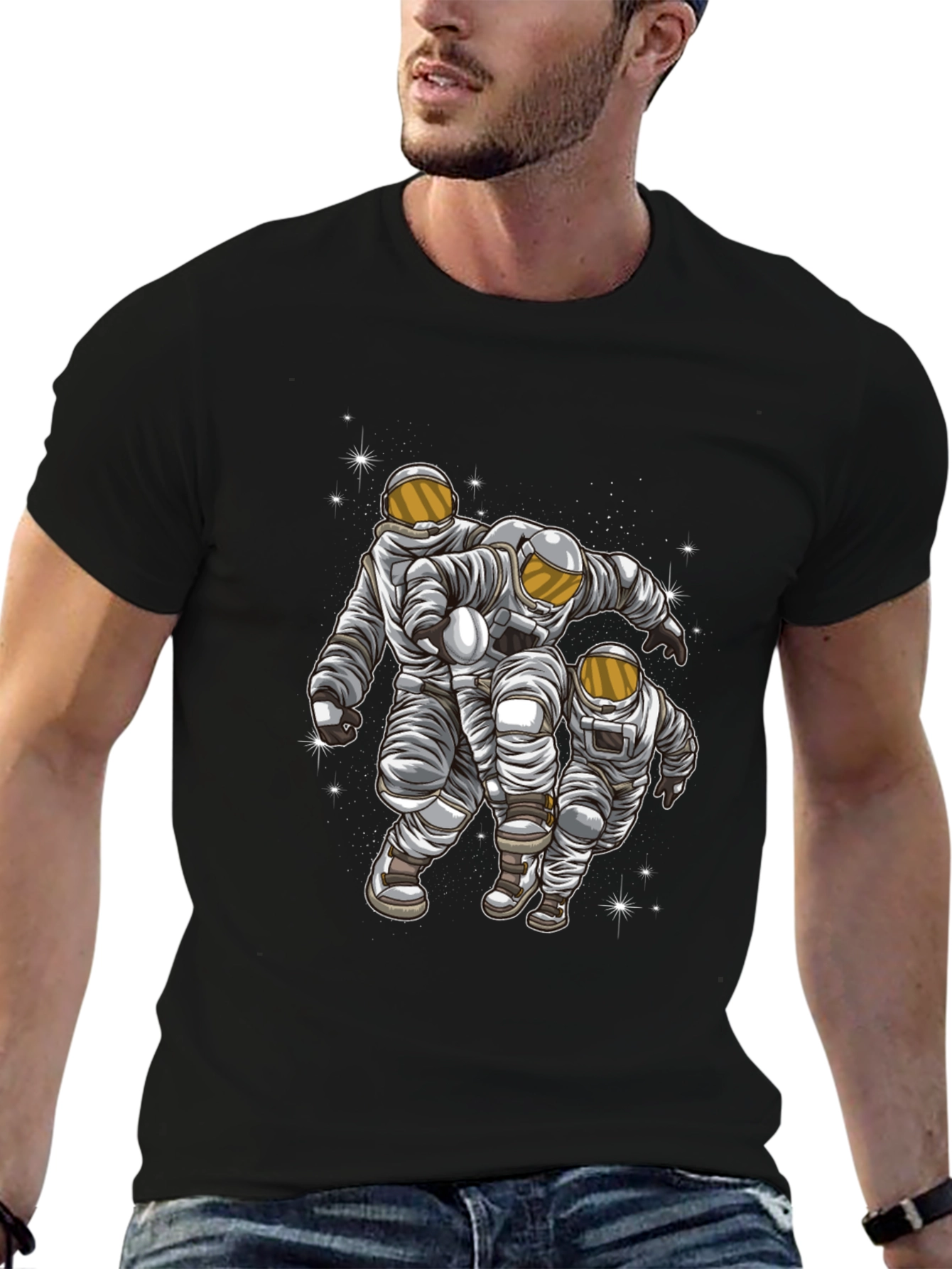 Astronaut Trio Graphic Print Black T-Shirt