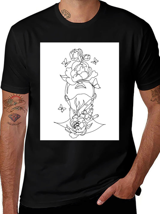 Floral Line Art Graphic Black T-Shirt