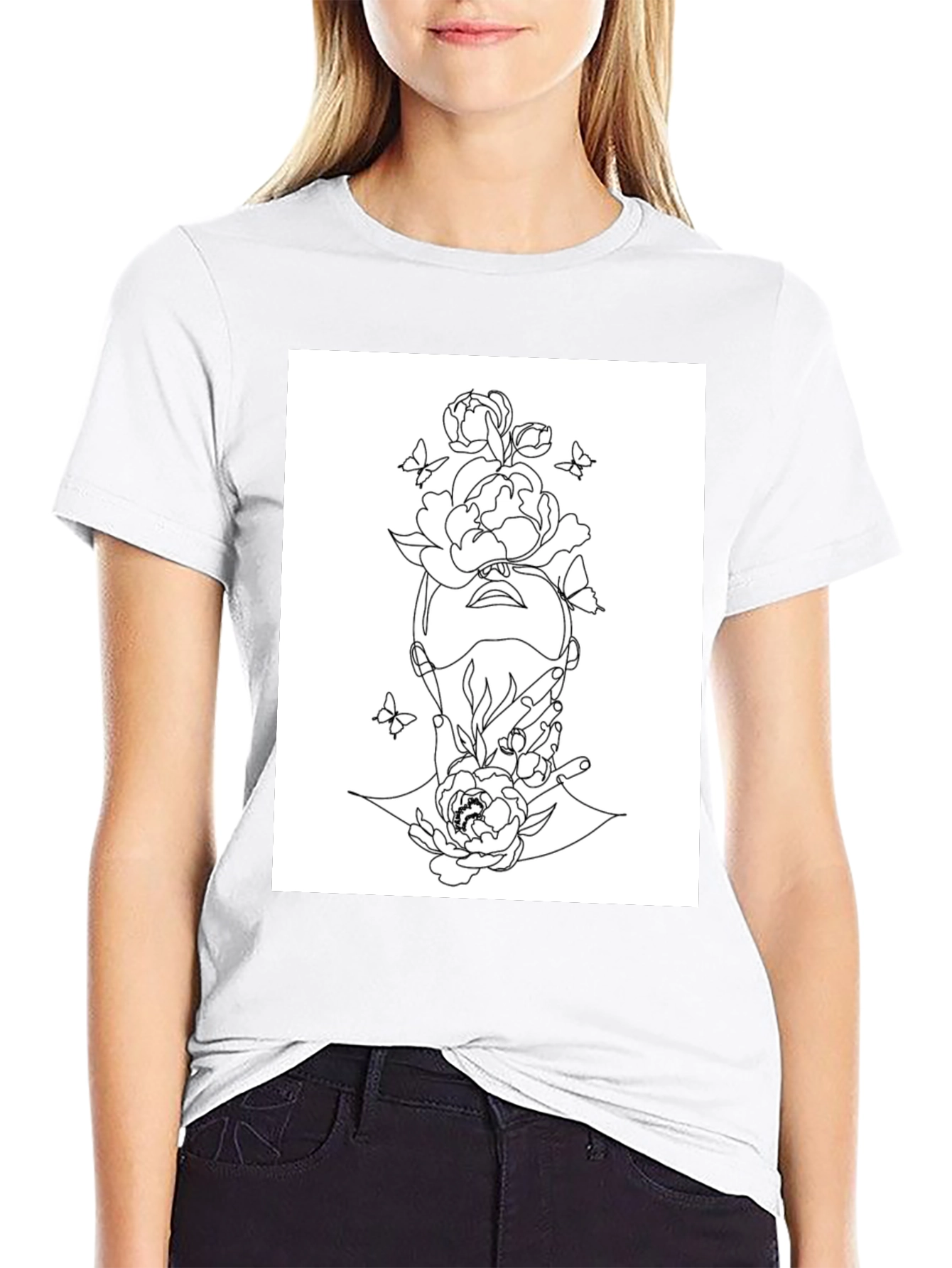 Floral Line Art Graphic Black T-Shirt