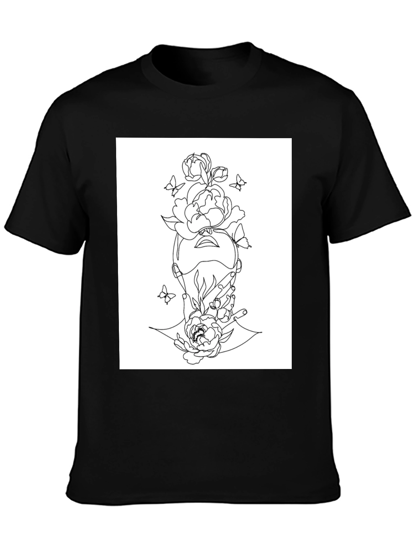 Floral Line Art Graphic Black T-Shirt