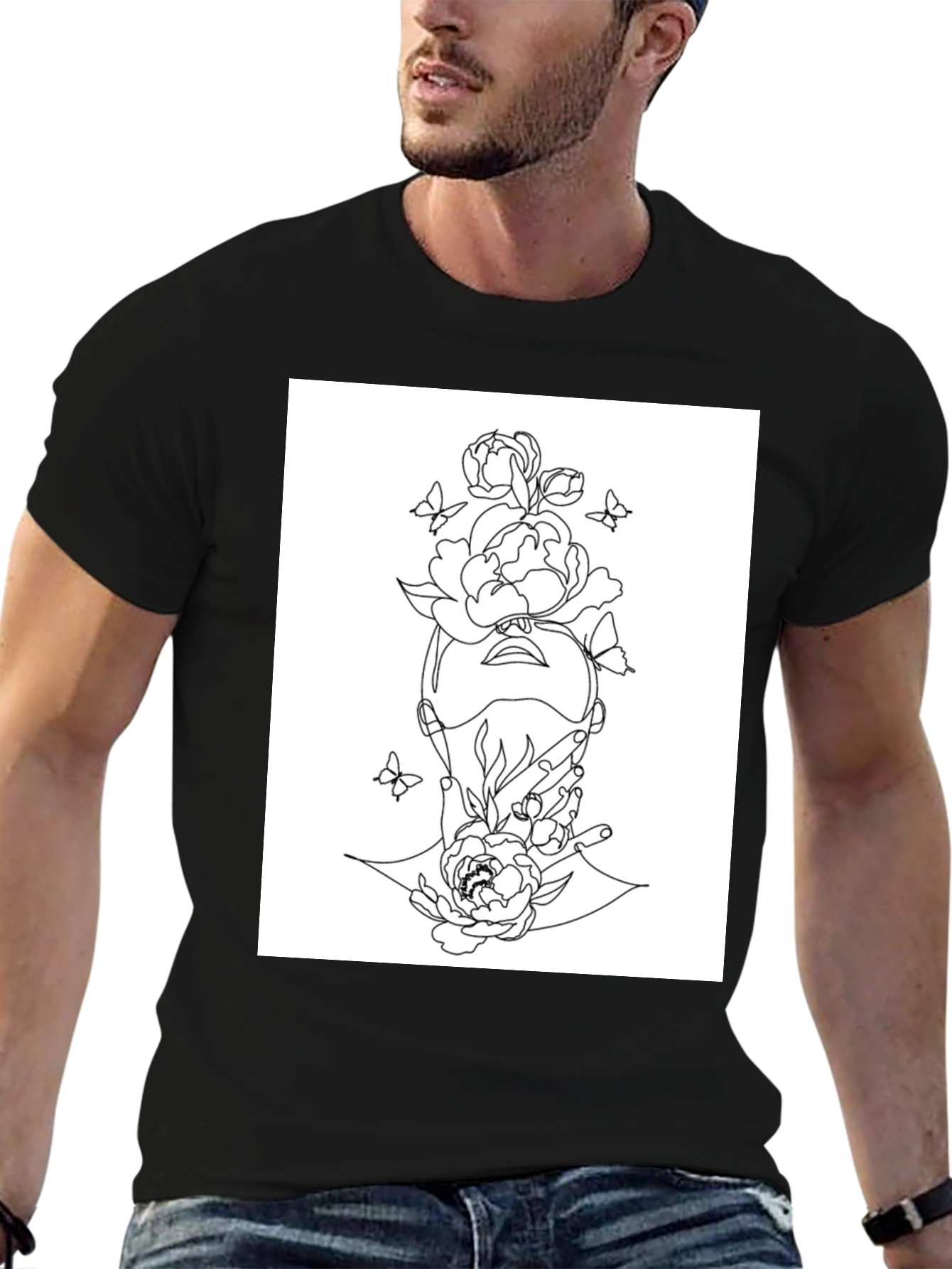 Floral Line Art Graphic Black T-Shirt