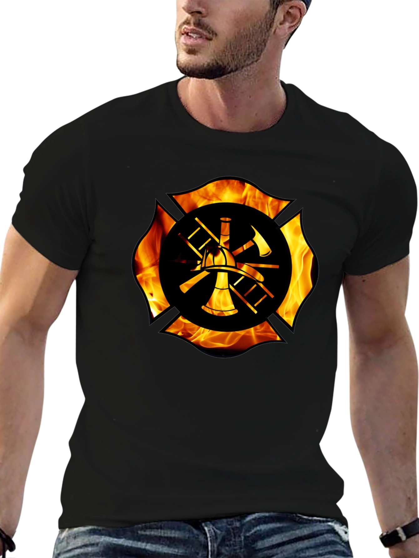 Firefighter Maltese Cross Flame Graphic T-Shirt