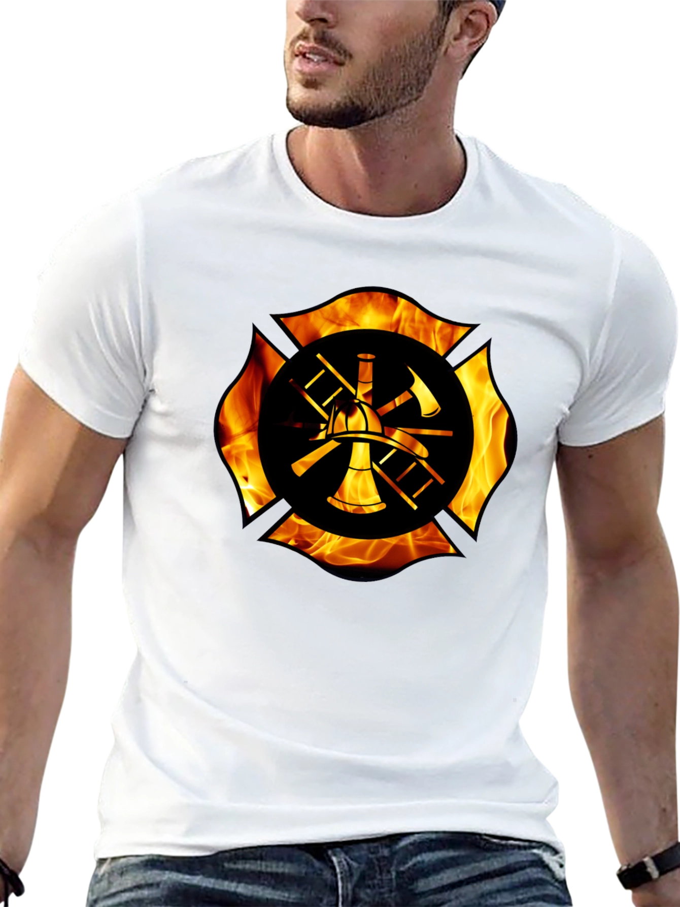 Firefighter Maltese Cross Flame Graphic T-Shirt