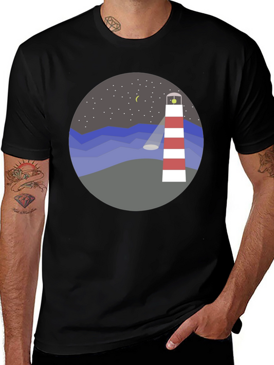 Lighthouse Graphic Tee - Coastal Night Scene Shirt