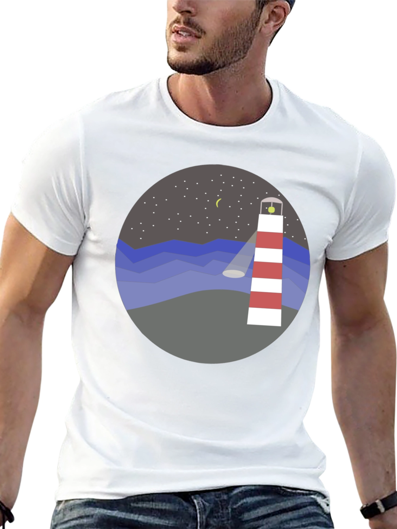 Lighthouse Graphic Tee - Coastal Night Scene Shirt
