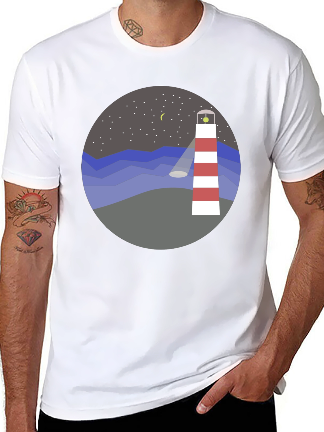 Lighthouse Graphic Tee - Coastal Night Scene Shirt