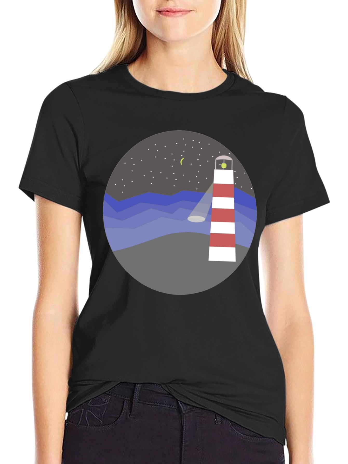 Lighthouse Graphic Tee - Coastal Night Scene Shirt