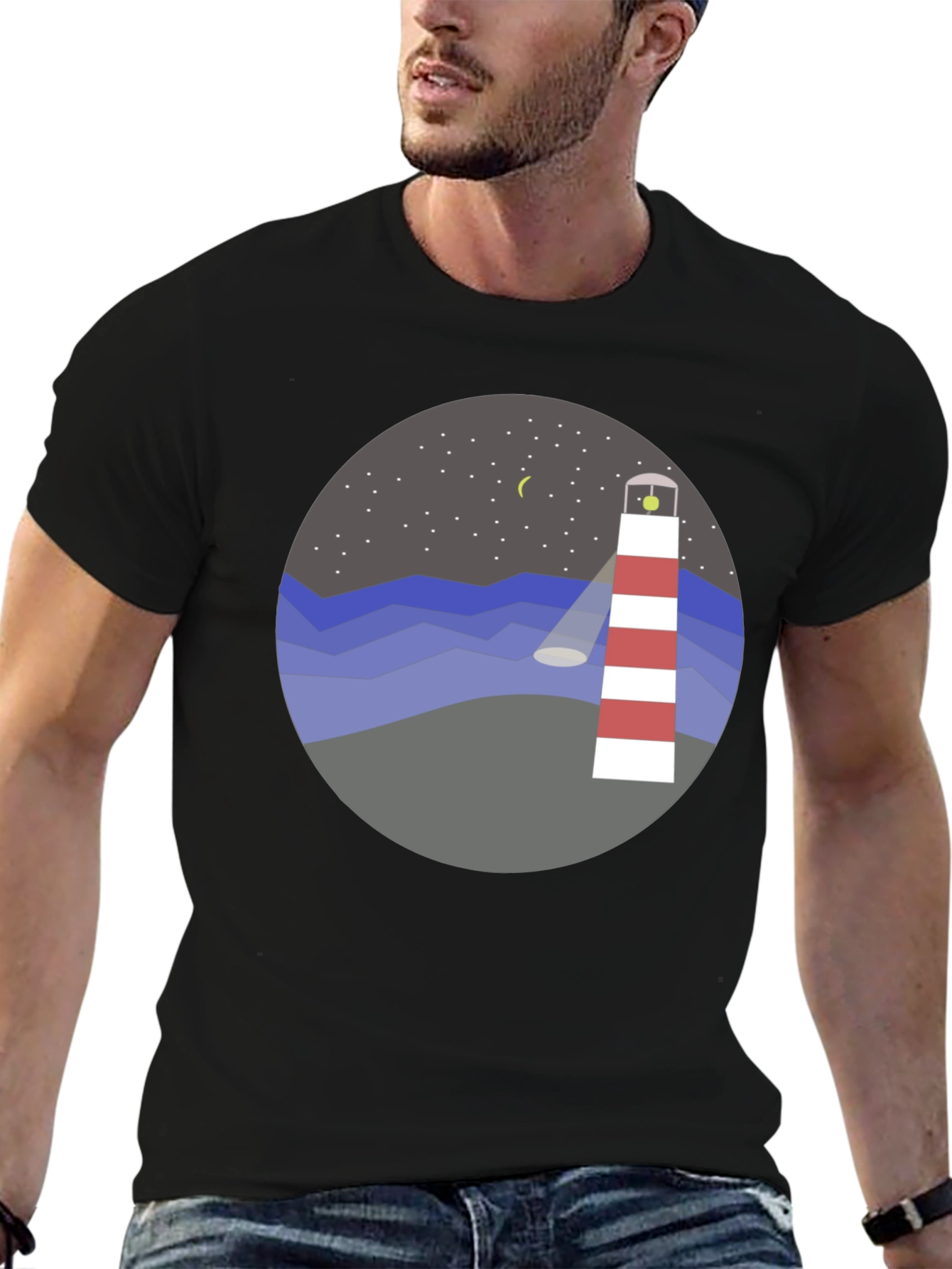 Lighthouse Graphic Tee - Coastal Night Scene Shirt