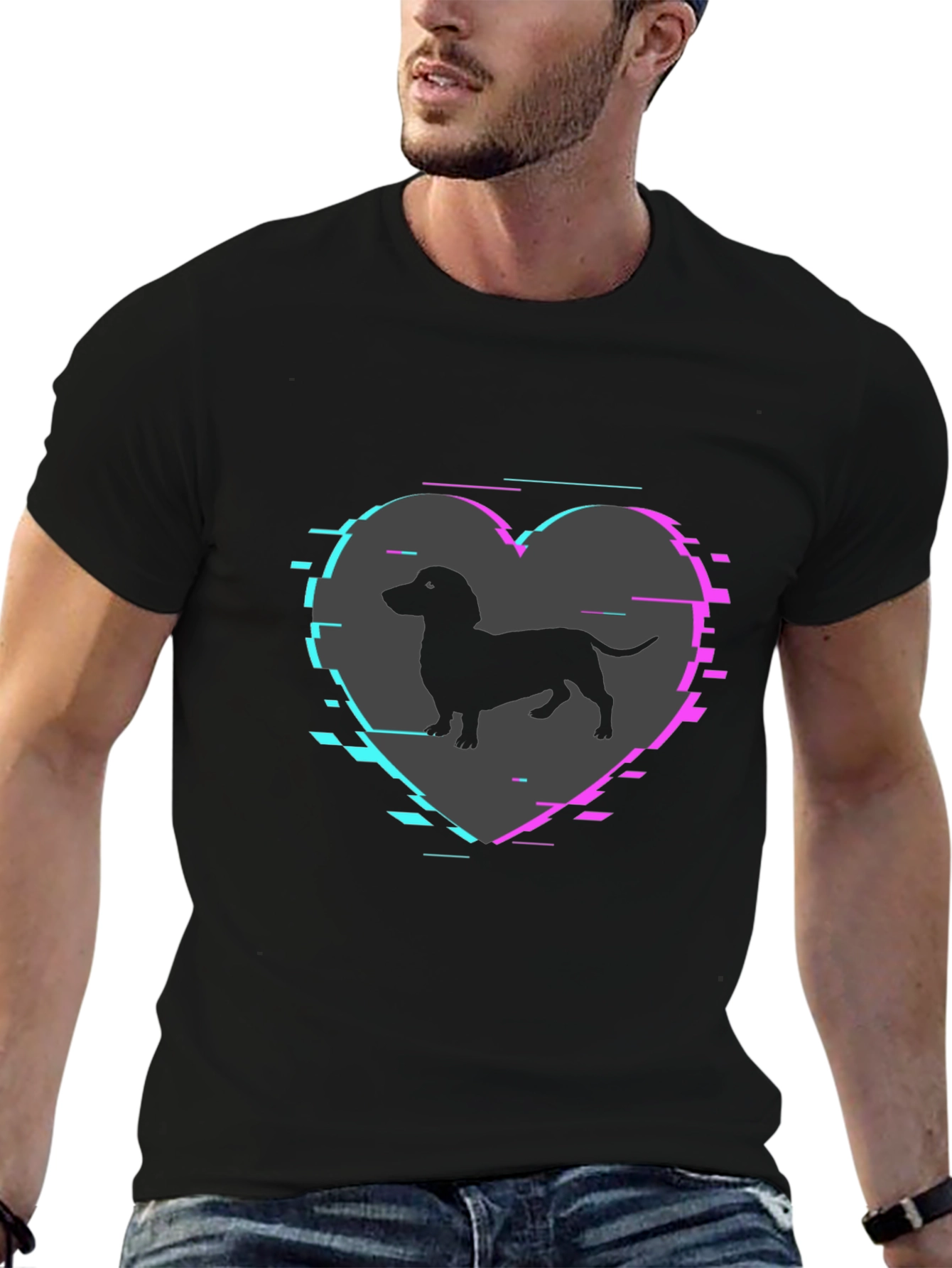 Dachshund Dog Heart Glitch Mens T-Shirt
