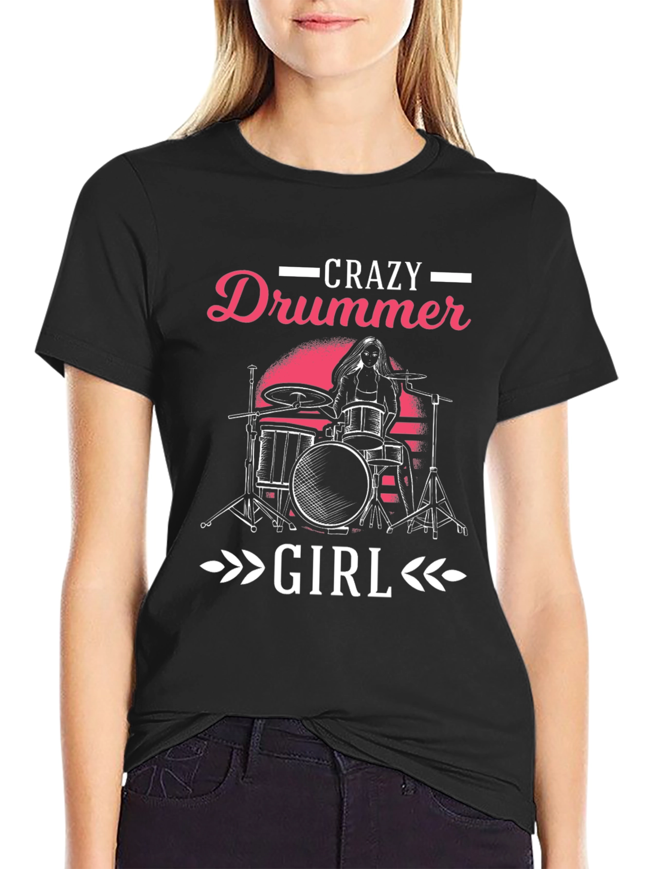 Crazy Drummer Girl Graphic T-Shirt - Black