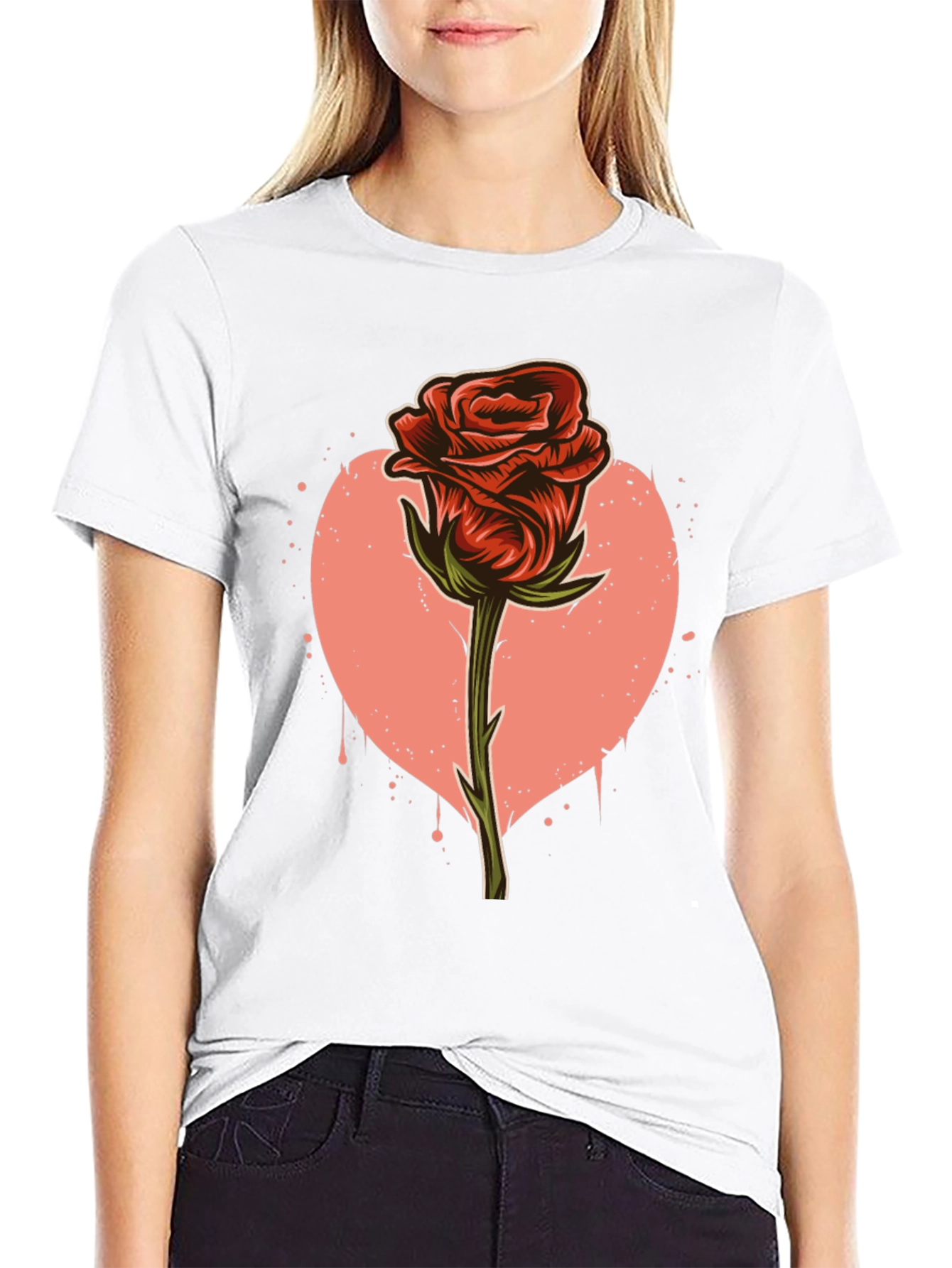 Red Rose Heart Graphic Print T-Shirt