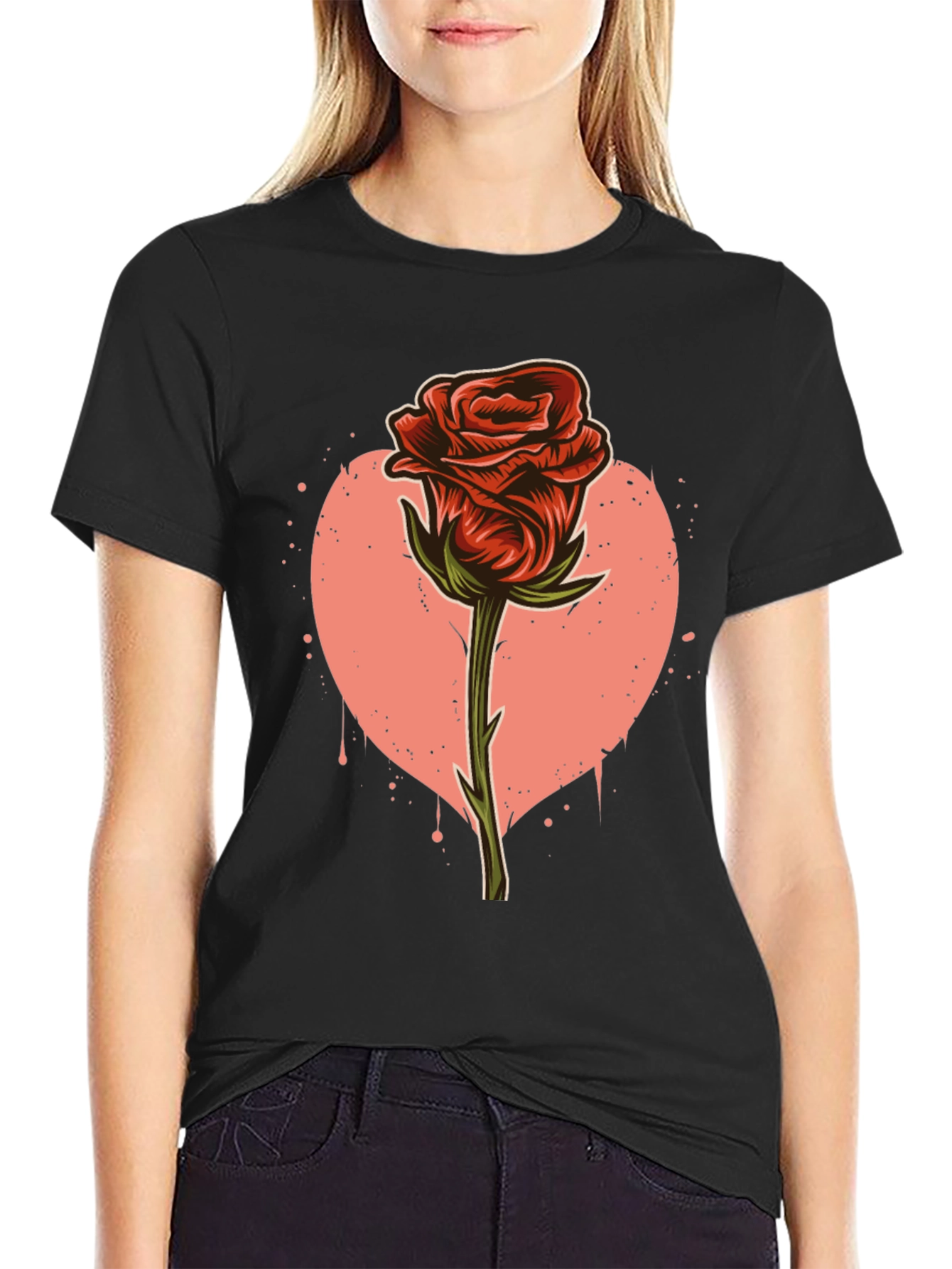 Red Rose Heart Graphic Print T-Shirt