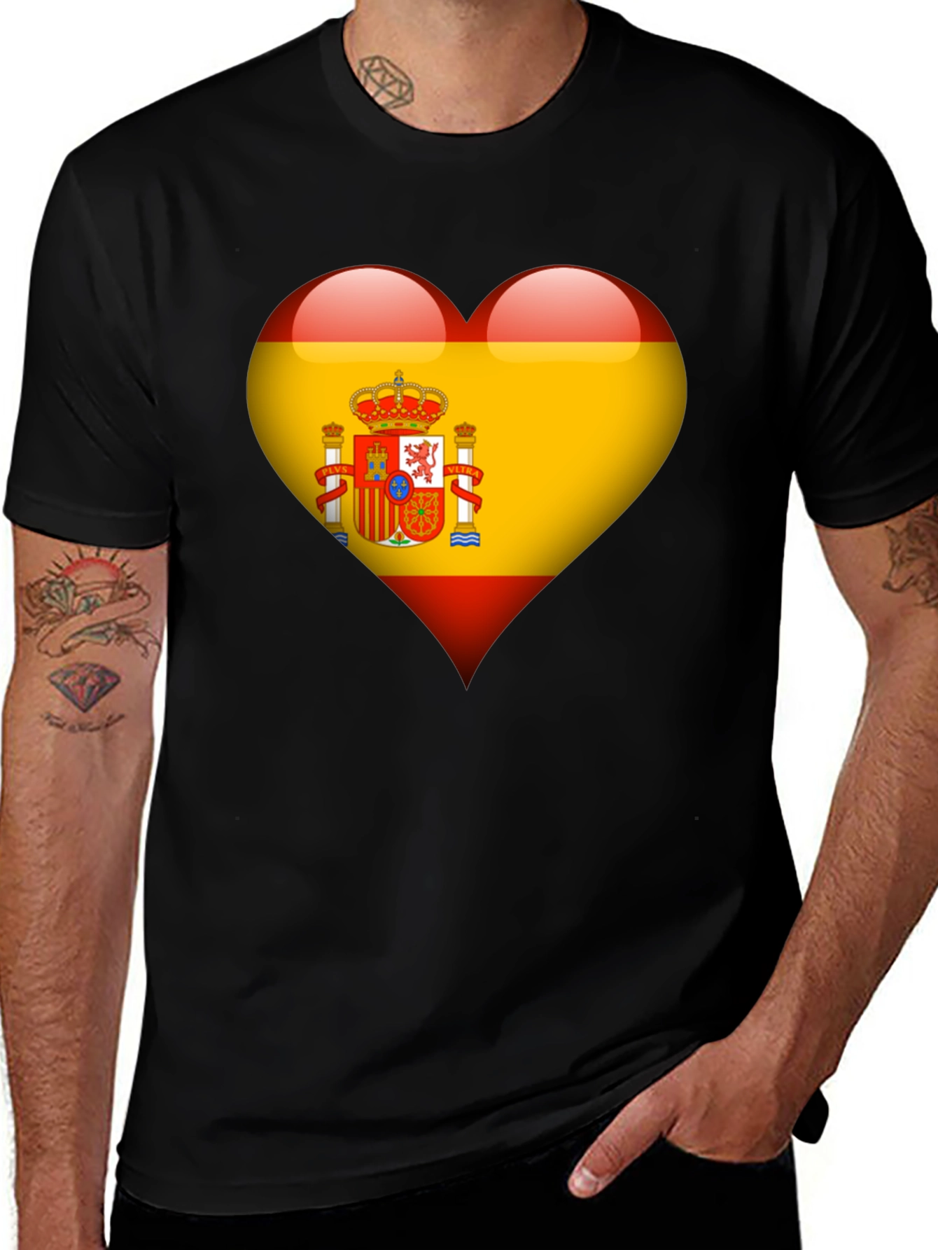 Spain Flag Heart Graphic Tee - Black Cotton T-Shirt